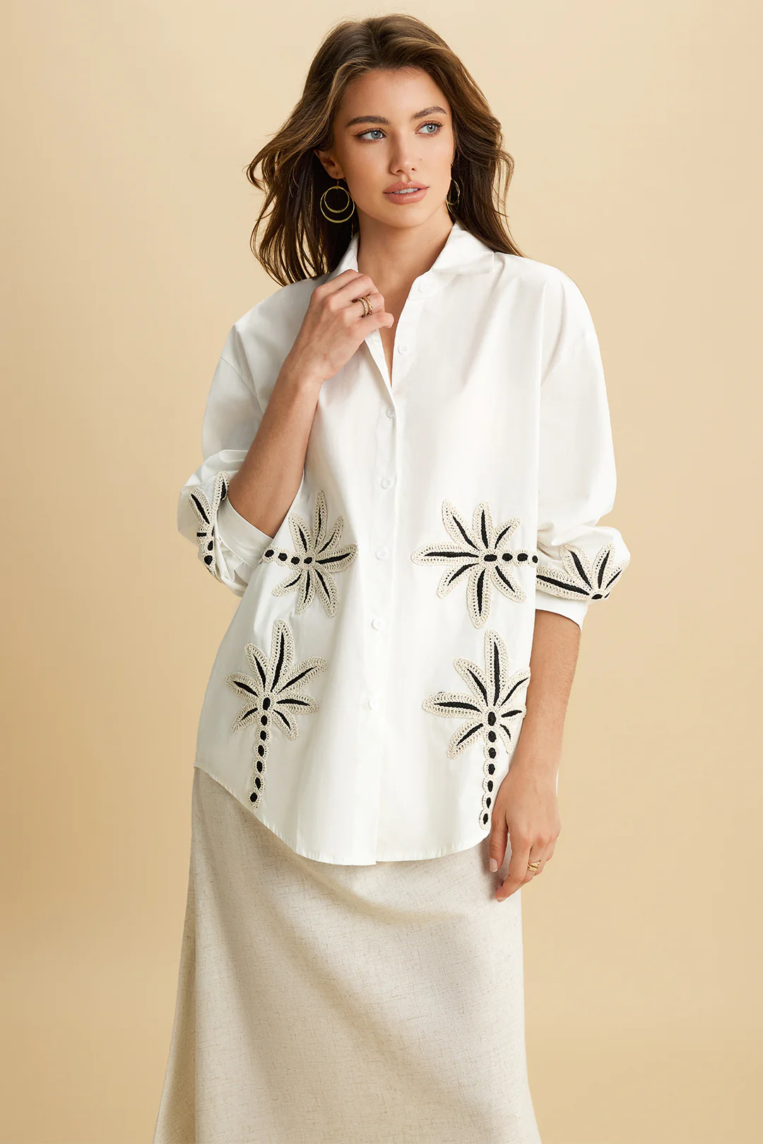 Appliques Button Long-Sleeve Shirt - Weenar