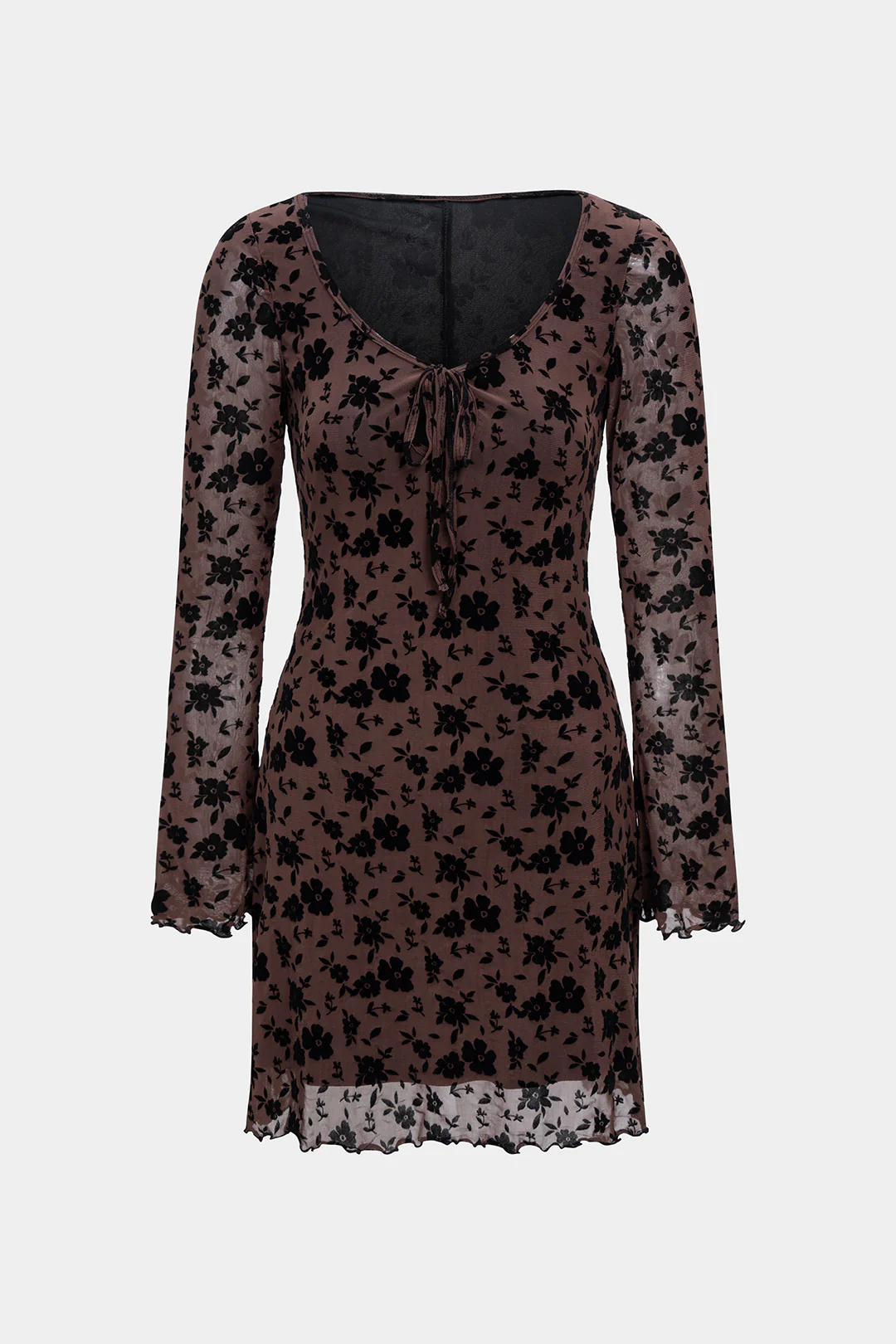 Jacquard Tie-Up Long Sleeve Mini Dress - Weenar