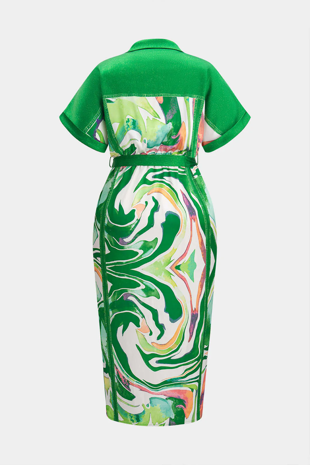 Plus Size Abstract Print Satin Tie Front Button Ruched Short Sleeve Midi Dress - Weenar