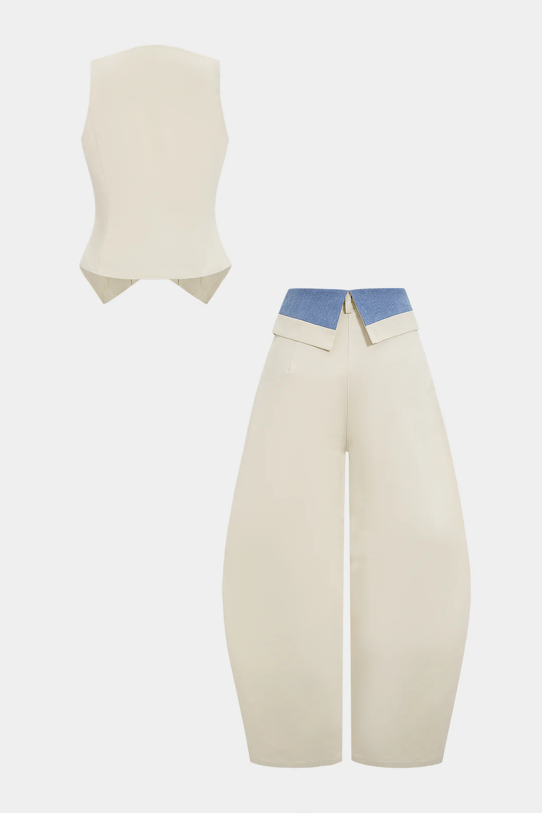 Denim Button Vest And Contrast Drawstring Barrel Trousers Set - Weenar