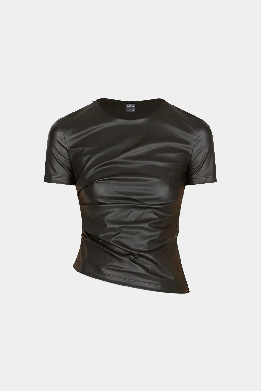 Faux Leather Round Neck Ruched Short-Sleeve Top - Weenar