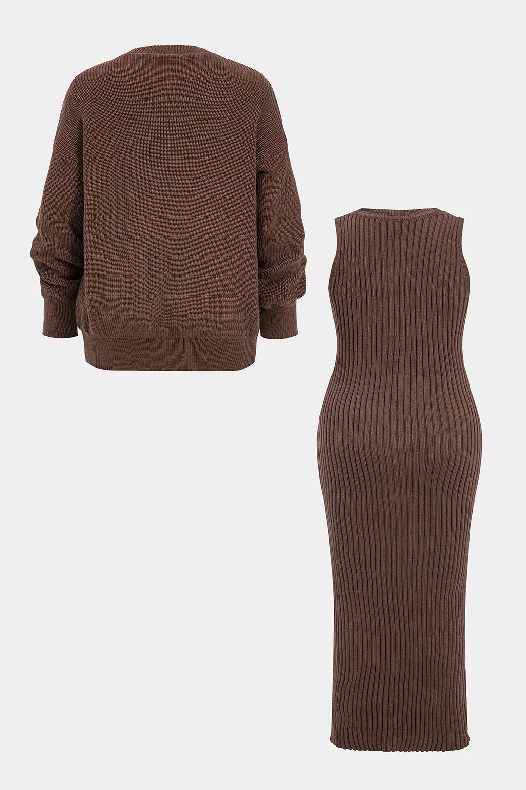 Plus Size Knit Ribbed Sleeveless Dress And Cardigan Set - Weenar