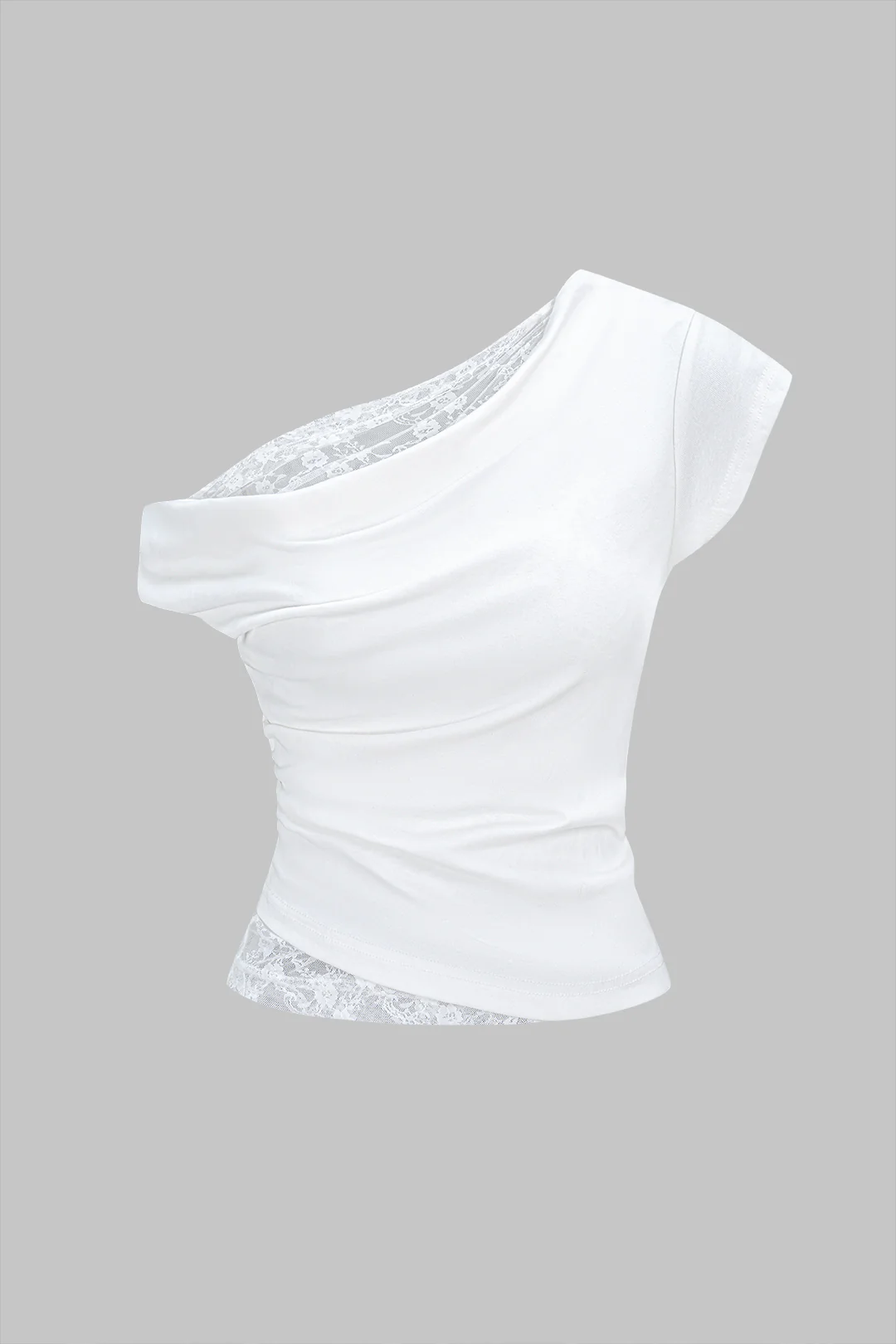 Lace Patchwork One Shoulder Ruched Short Sleeve T-Shirt - Weenar