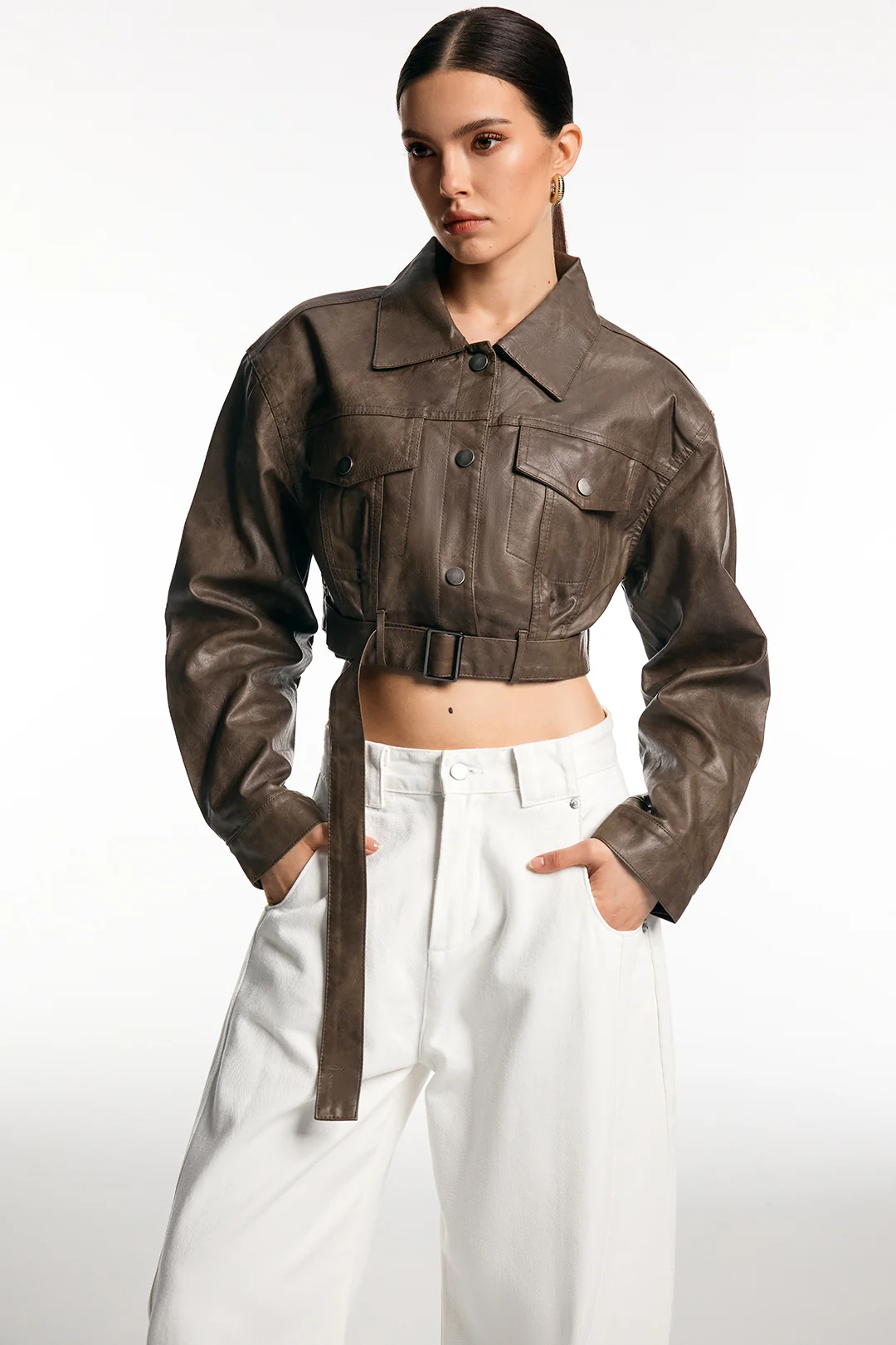 Faux Leather Belted Button Pocket Jacket - Weenar