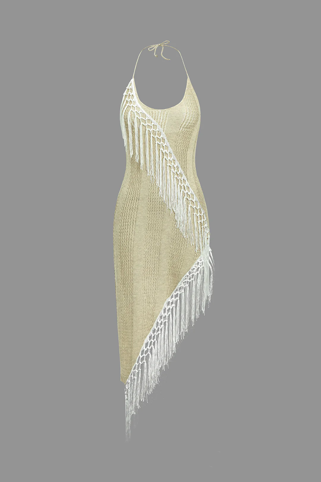 Halter Neck Fringe Backless Asymmetrical Sleeveless Maxi Dress - Weenar