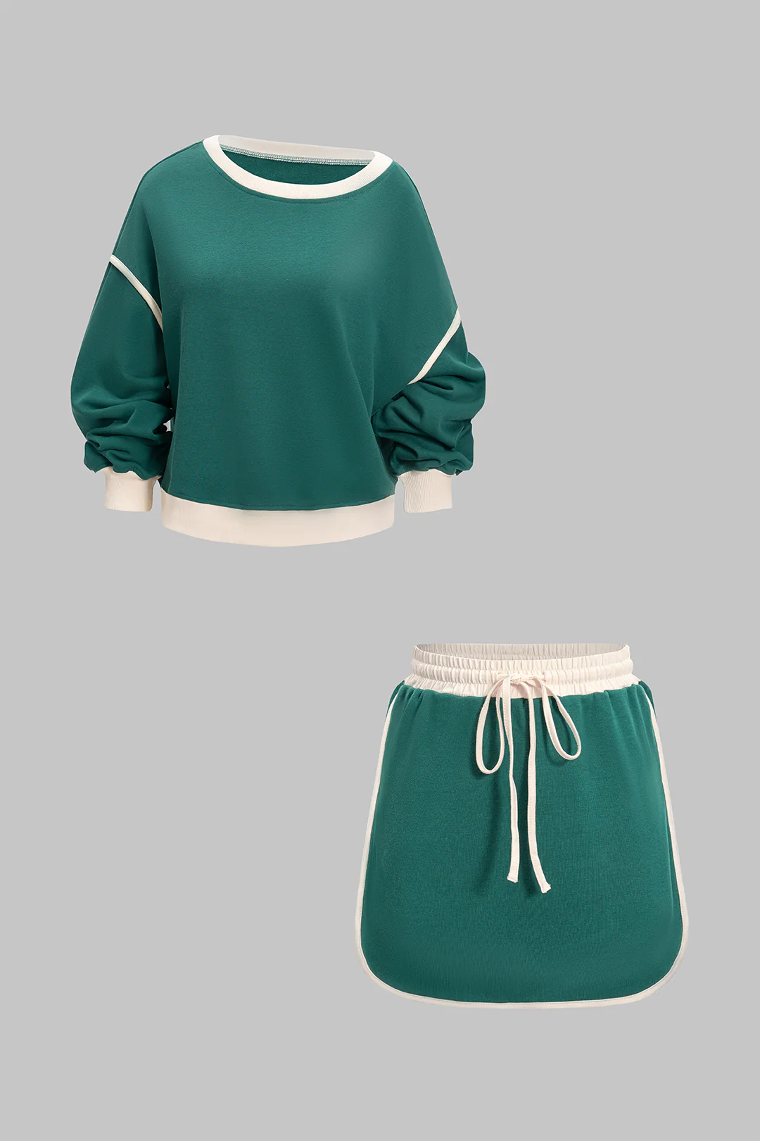 Contrast Binding Long-Sleeve Top And Drawstring Skirt Set - Weenar