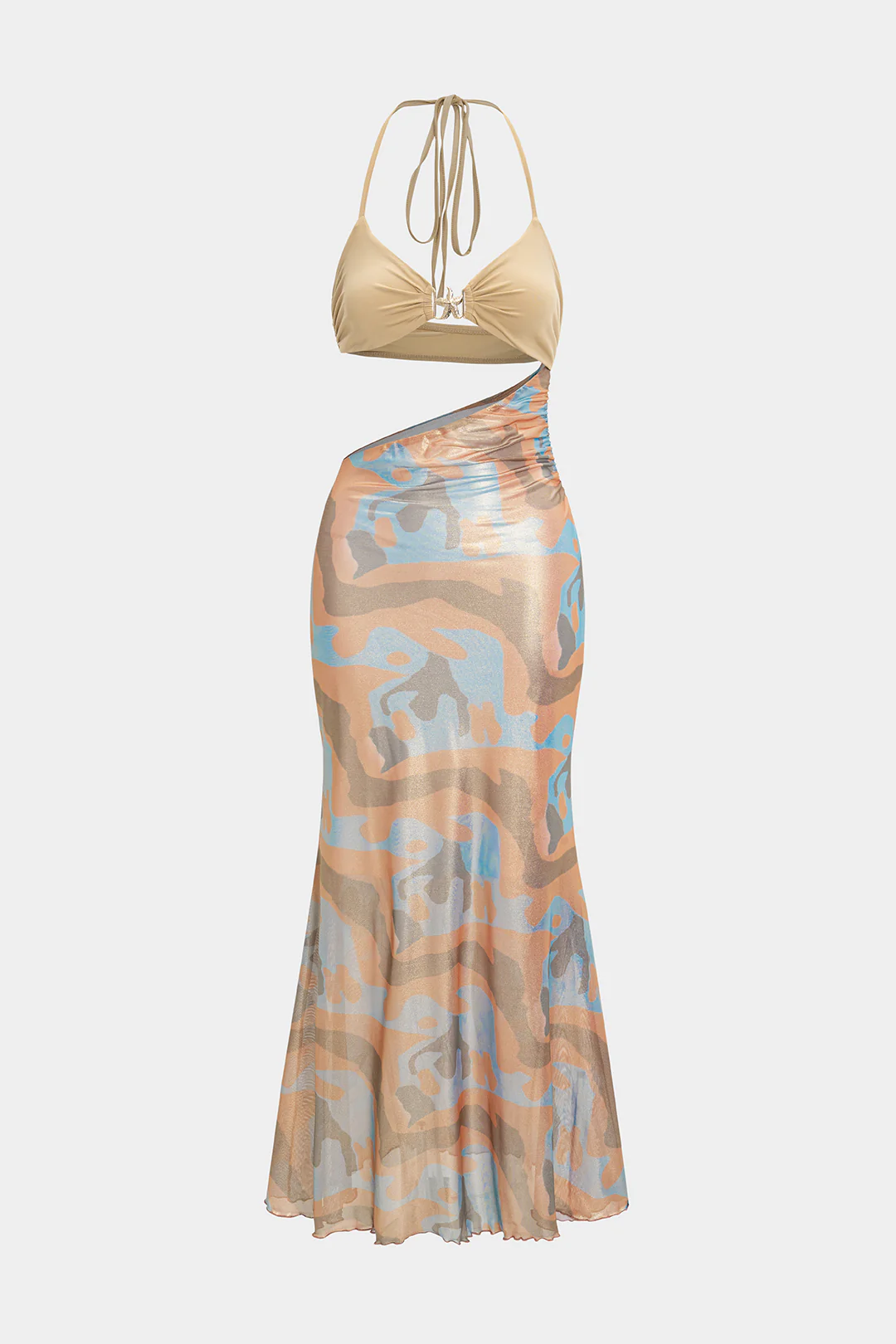 Abstract Print Satin Tie-Up Halter Neck Cut Out Sleeveless Maxi Dress - Weenar