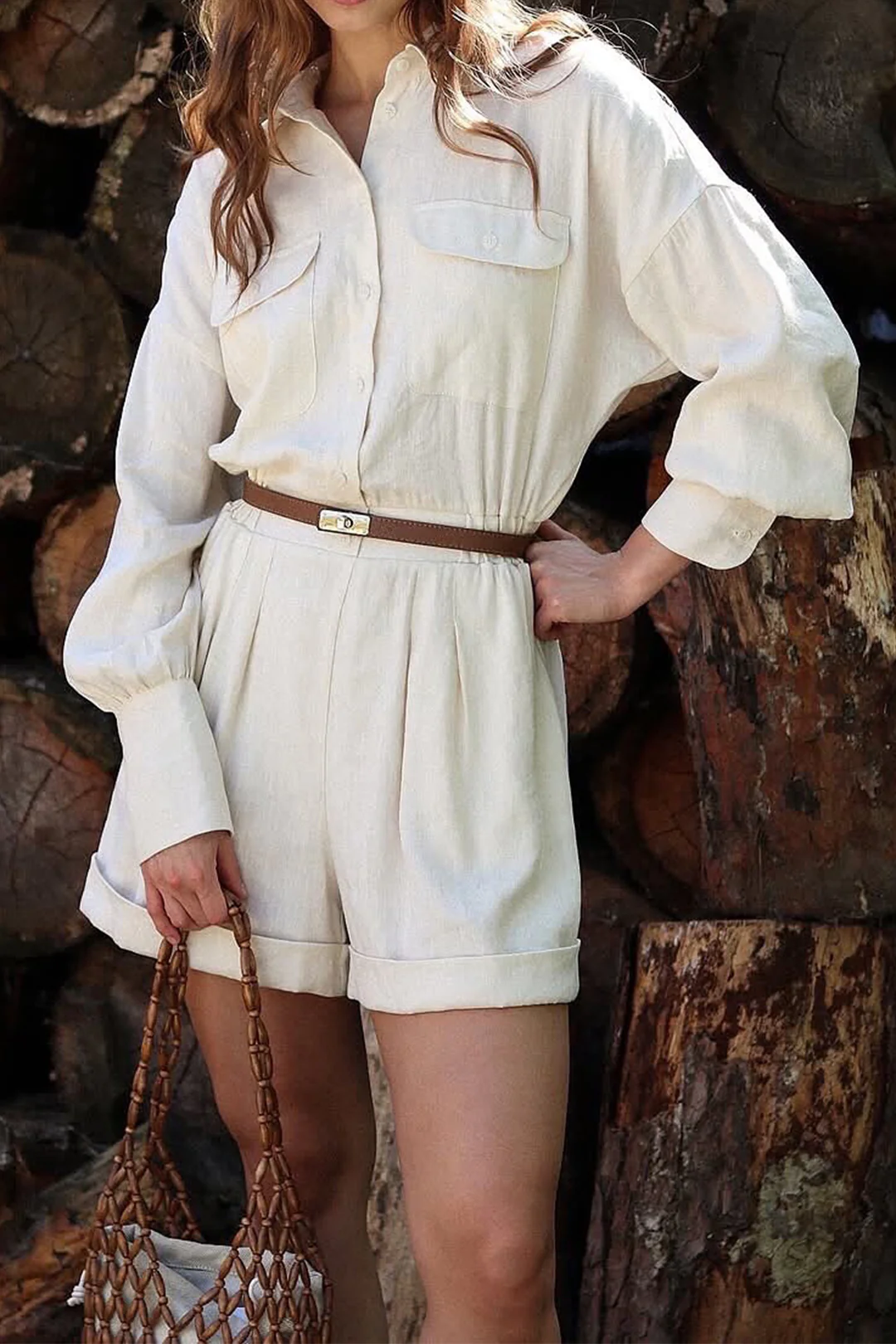 Solid Button Belted Ruched Long-Sleeve Romper - Weenar