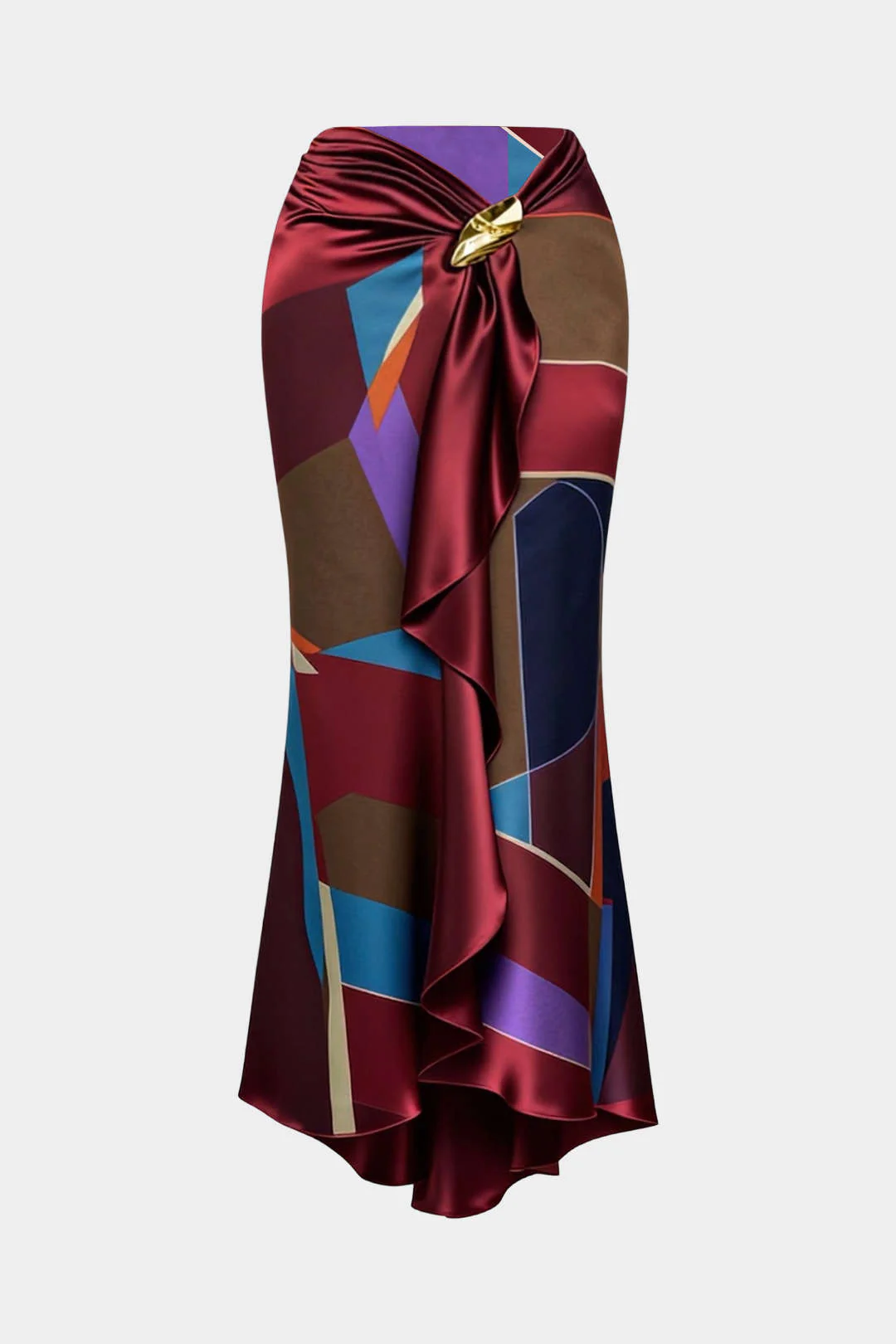 Satin Plaid Contrast Print Metallic Decor Ruched Skirt - Weenar