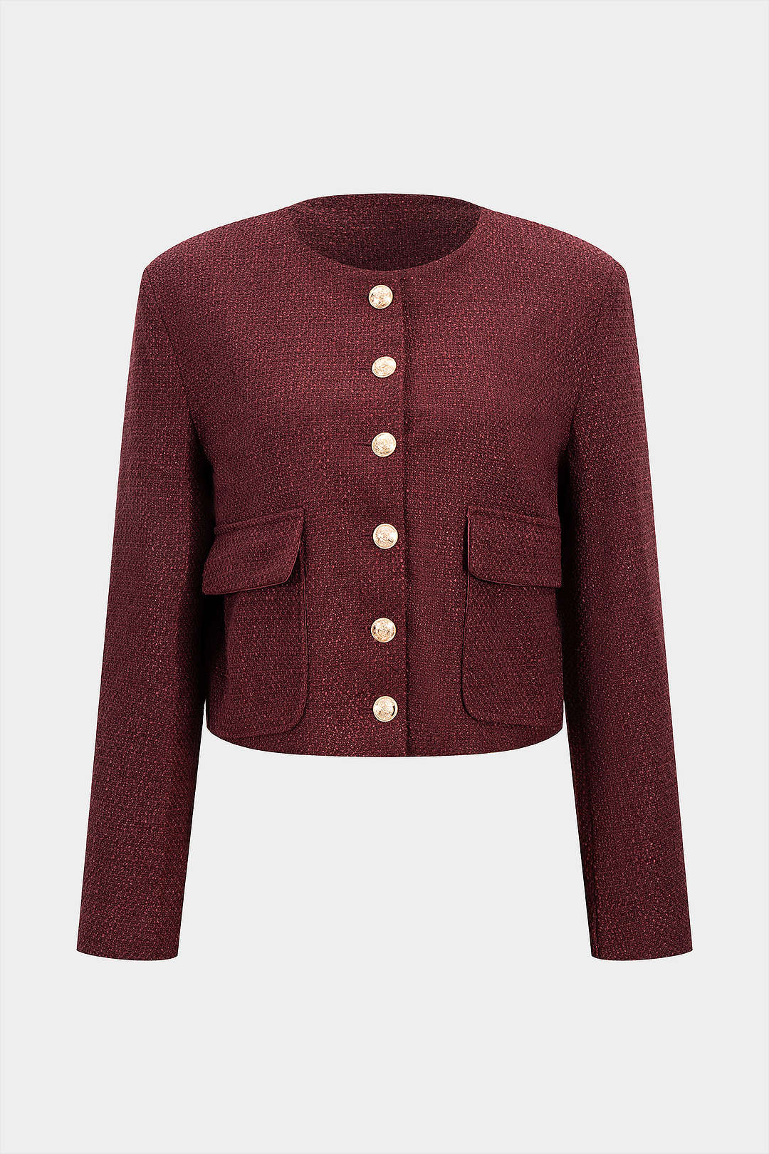 Tweed Round Neck Metallic Button Pocket Top - Weenar