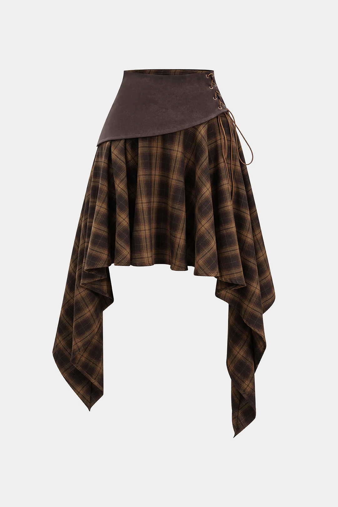 Plaid Print Faux Leather Patchwork Tie-Up Skirt - Weenar