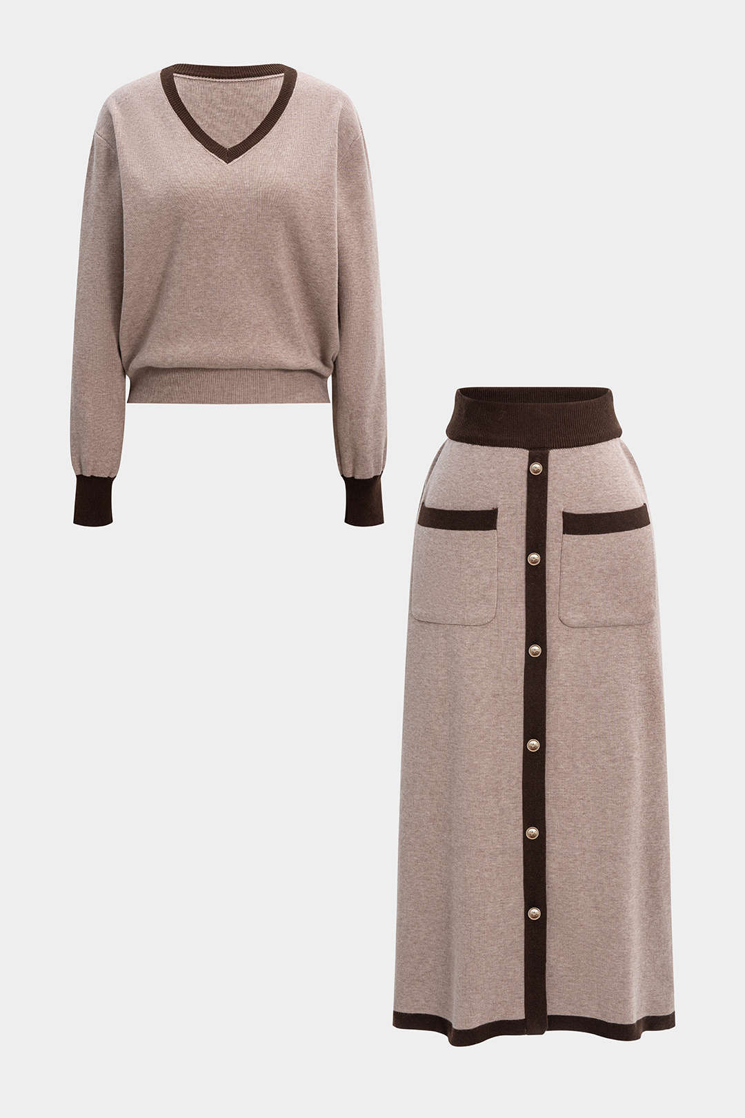 Knit Contrast V-Neck Long-Sleeve Top And Button Skirt Set - Weenar