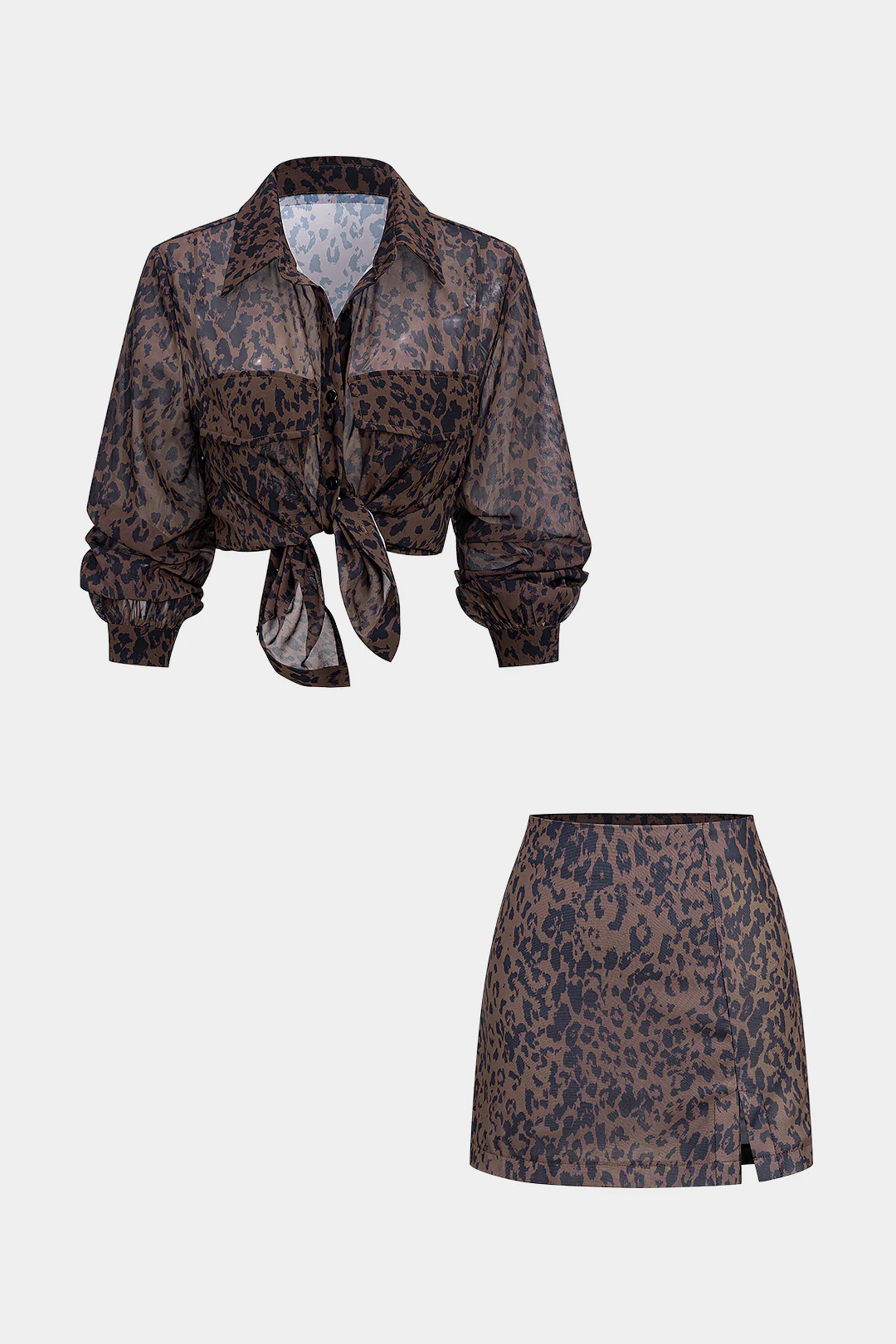 Chiffon Leopard Print Lapel Long Sleeve Shirt And High Waist Split Skirt Set - Weenar
