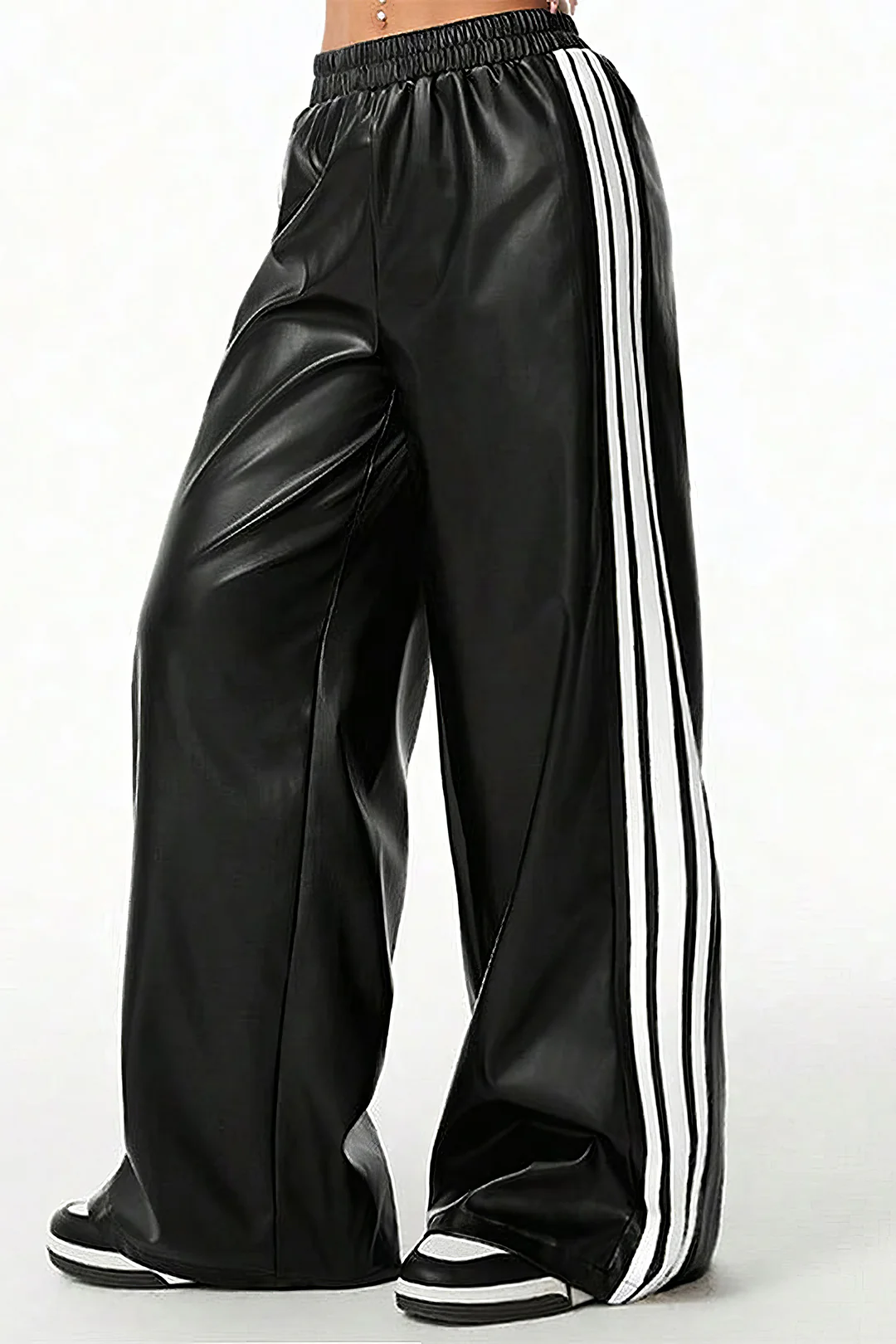 Faux Leather Contrast Shirred Waistband Wide Leg Pants - Weenar