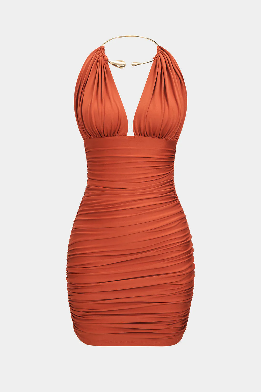 Metallic Halter Backless Ruched Sleeveless Mini Dress - Weenar