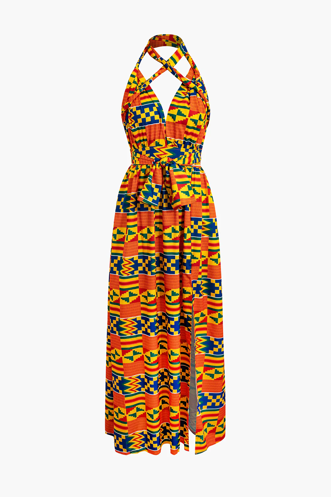 Geometric Print Backless Tie-Up Slit Sleeveless Maxi Dress - Weenar