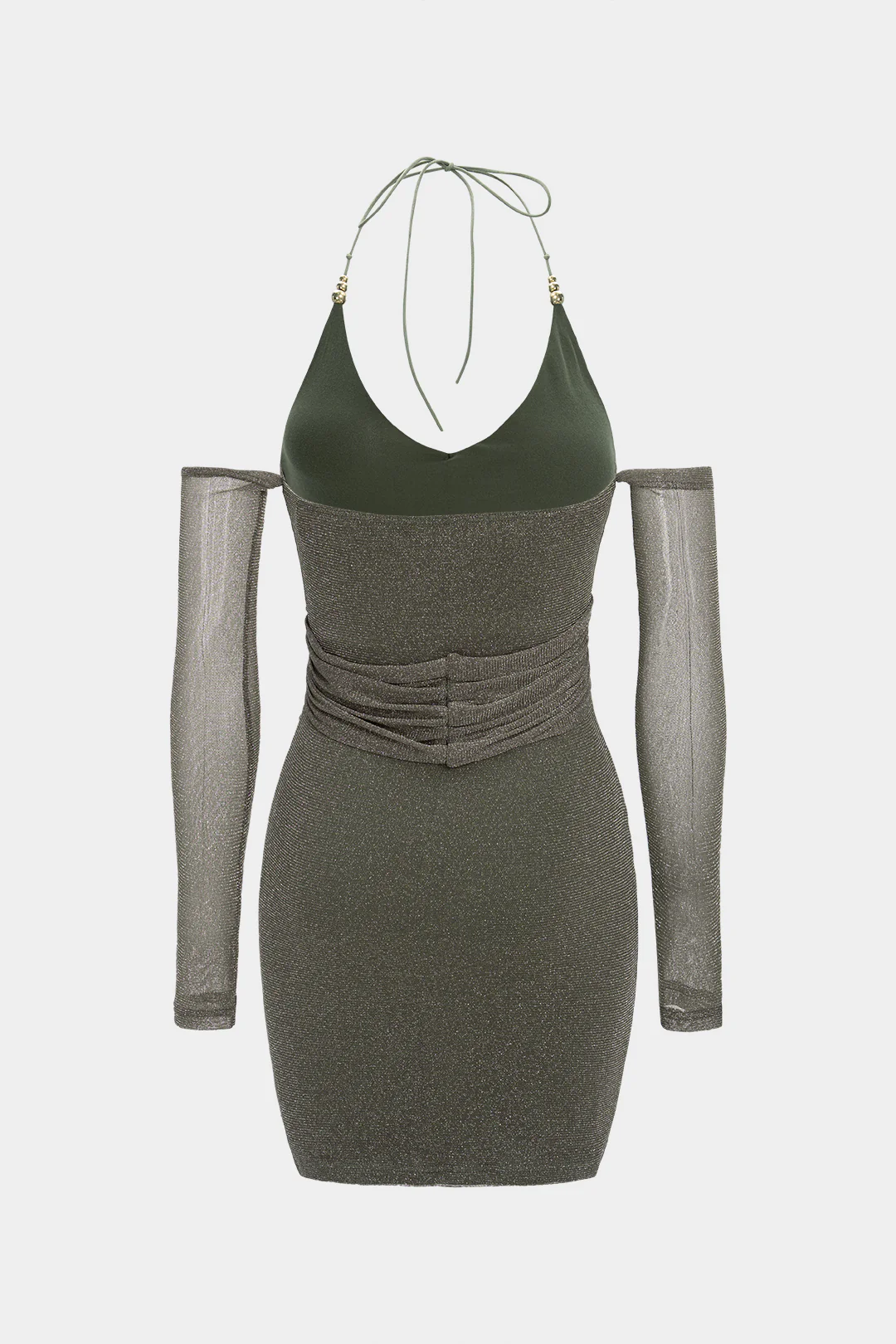 Mesh Halter Neck Ruched Tie Up Backless Long Sleeve Mini Dress - Weenar