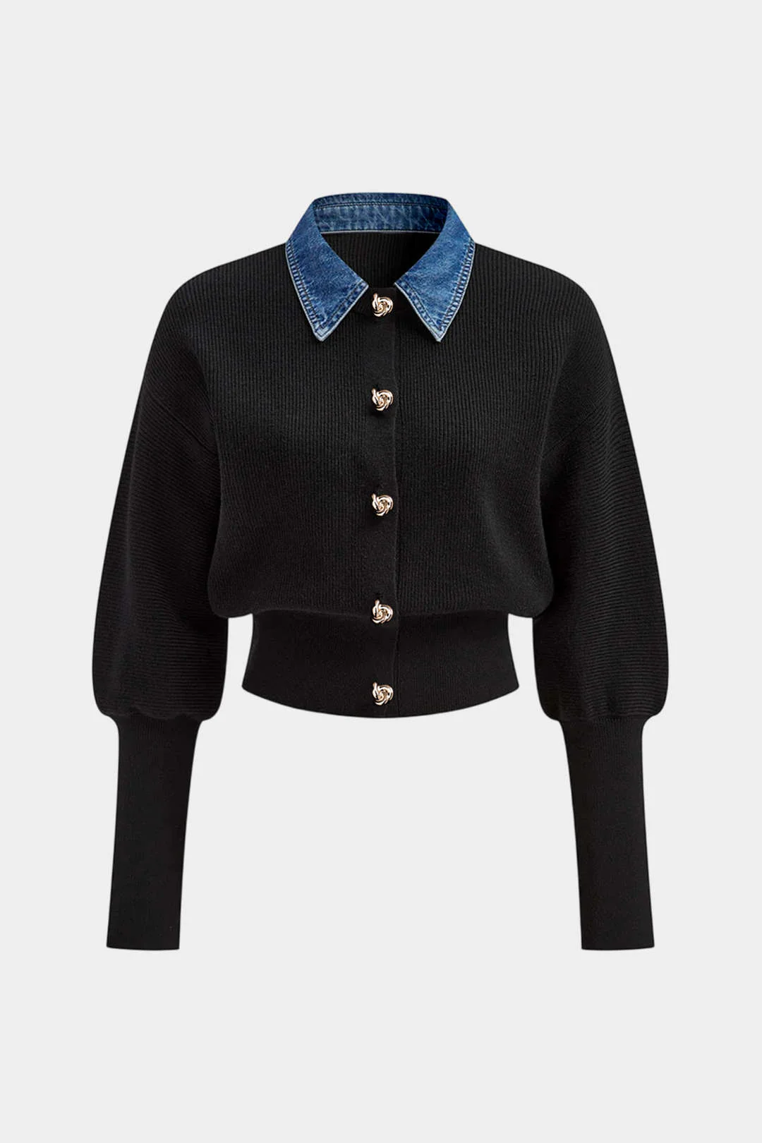 Knit Denim Patchwork Button Gigot Long-Sleeve Top - Weenar