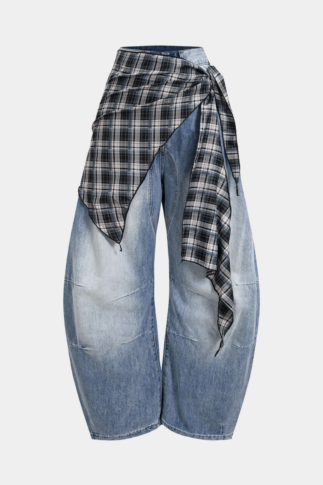 Denim Plaid Print Asymmetrical Tie-Up Wide Leg Jeans - Weenar
