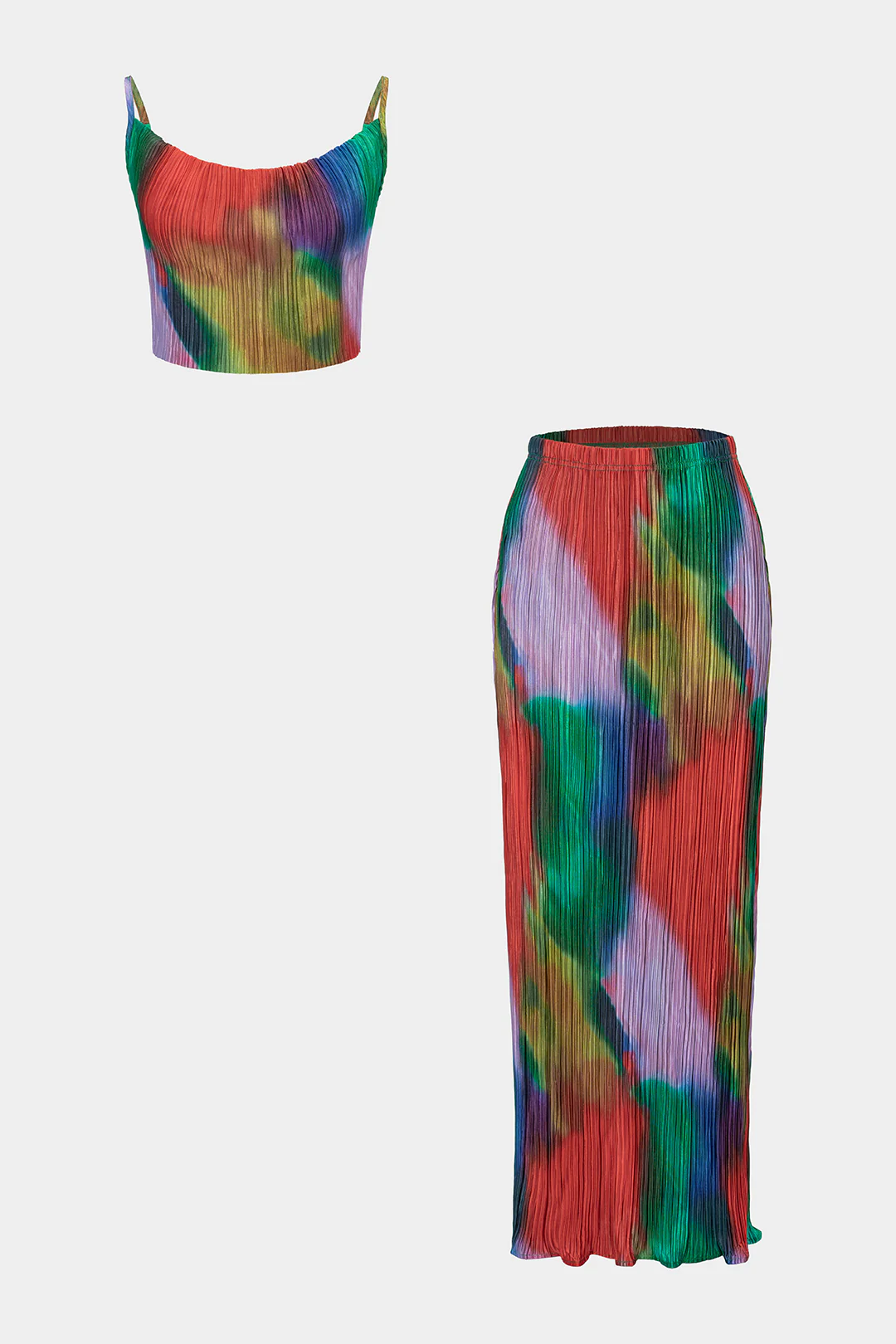 Tie Dye Print Satin Pleated Round Neck Cami Top And High Waist Skirt Set - Weenar