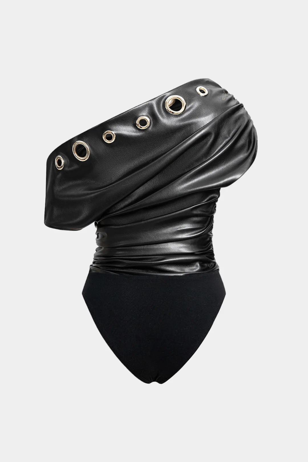 Faux Leather Patchwork Eyelet Decor Asymmetrical One Shoulder Bodysuit - Weenar