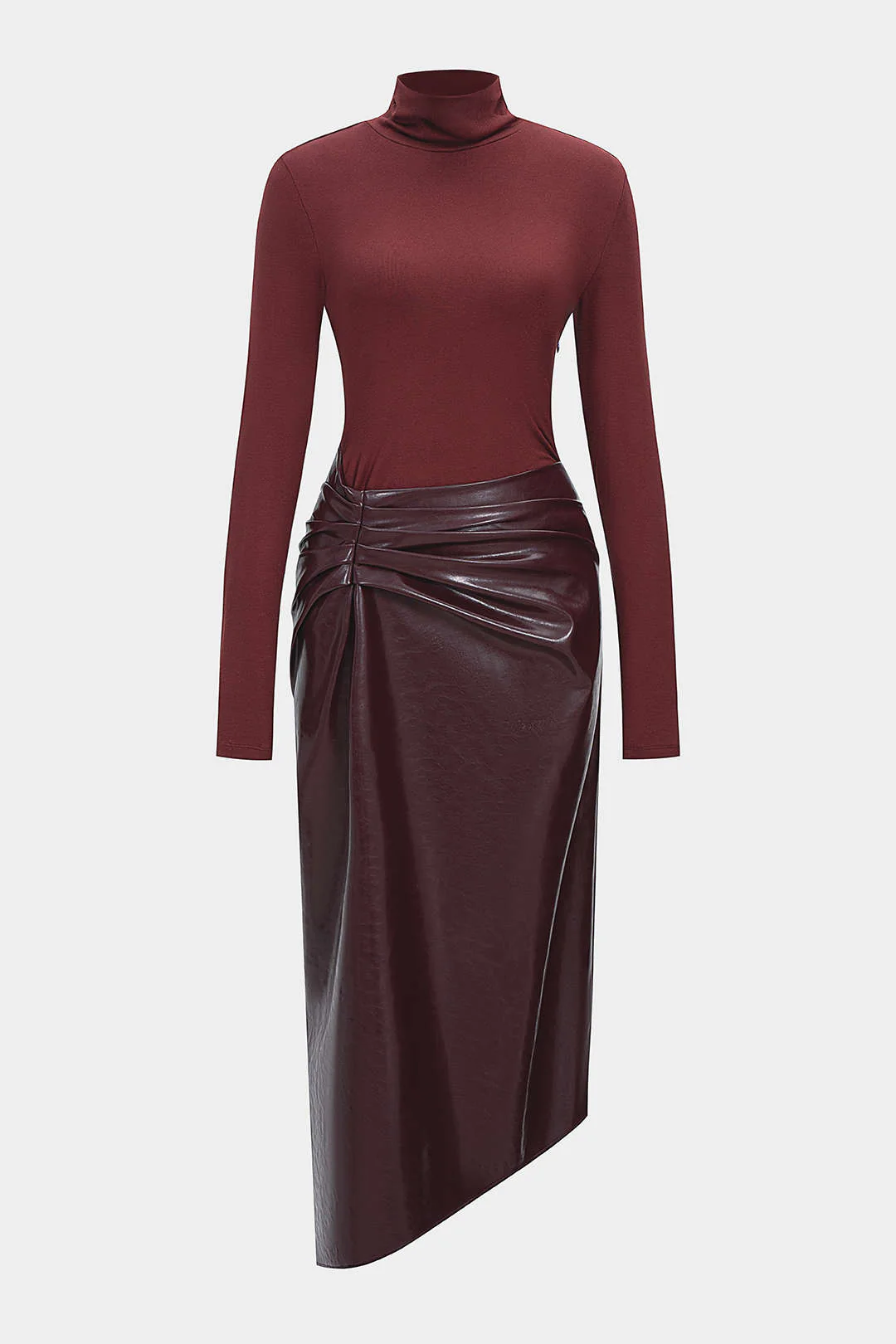 Faux Leather Patchwork Mock Neck Ruched Long Sleeve Maxi Dress - Weenar