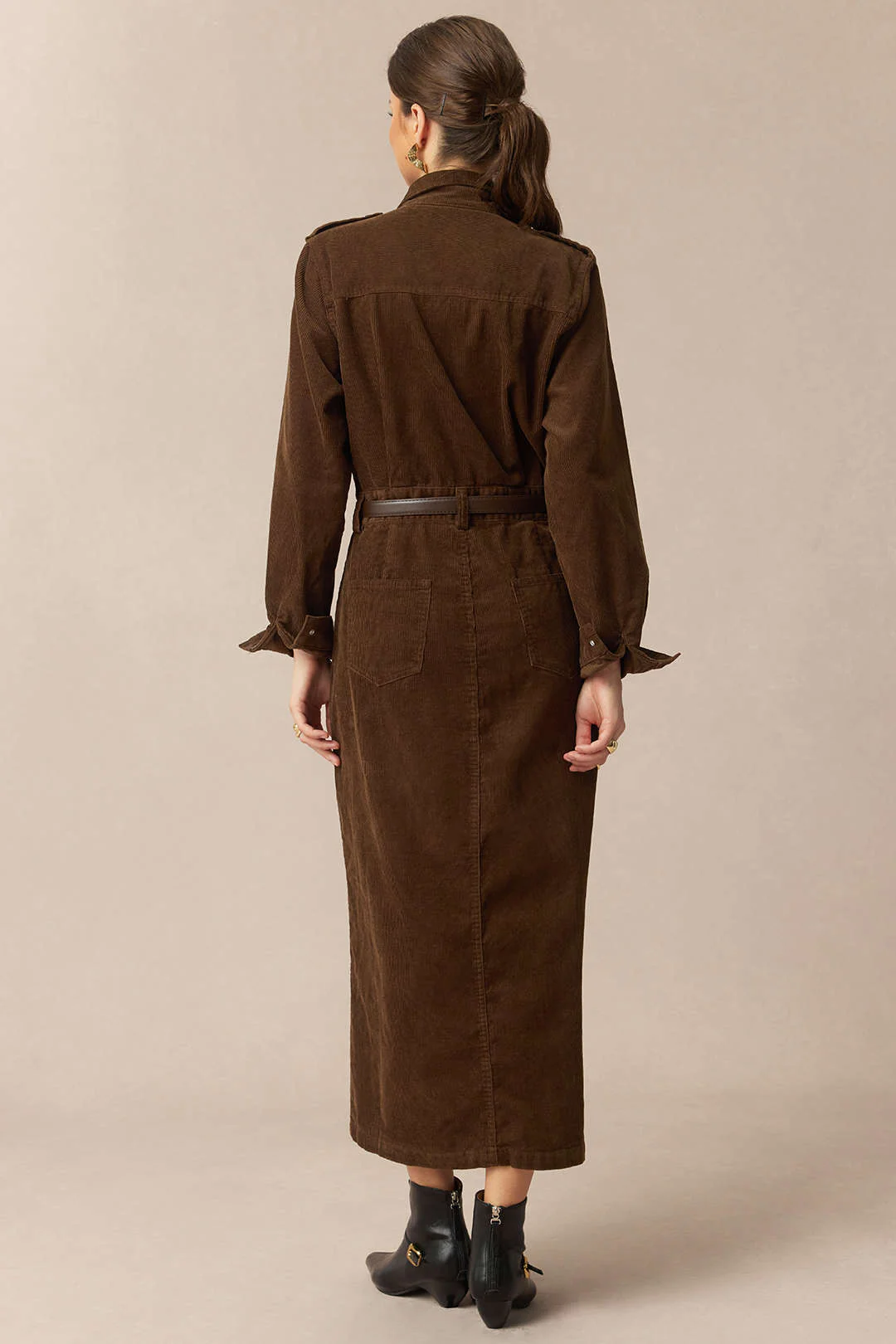 Corduroy Notched Lapel Button Pocket Belted Long Sleeve Dress - Weenar