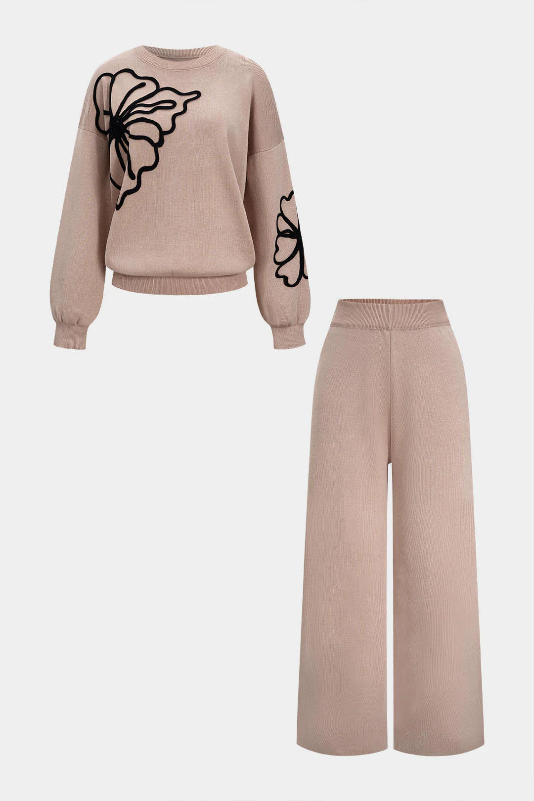 Knit Round Neck Embroidery Long-Sleeve Top And Wide Leg Pants Set - Weenar