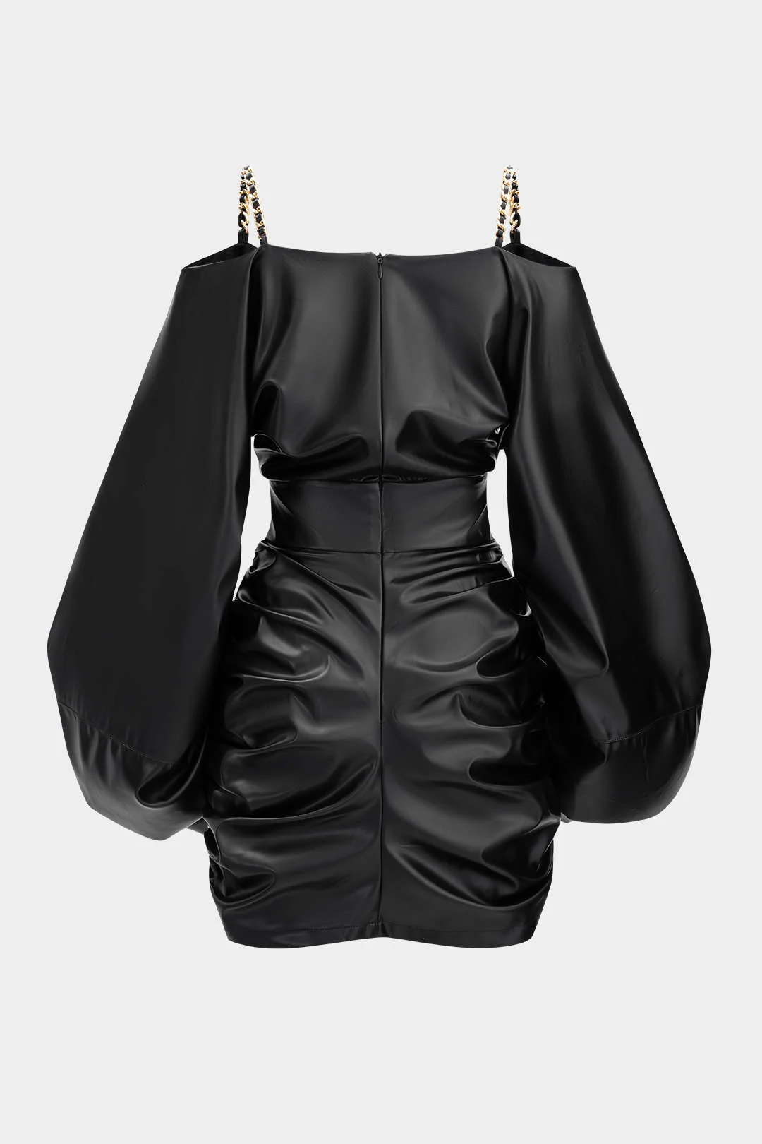 Faux Leather Metallic Chain Crossed Ruched Long Sleeve Mini Dress - Weenar