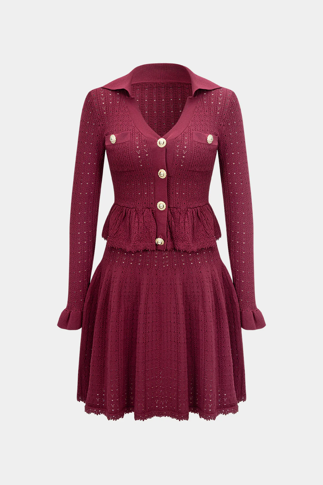 Knit V-Neck Hollow Out Ruffle Long-Sleeve Dress - Weenar