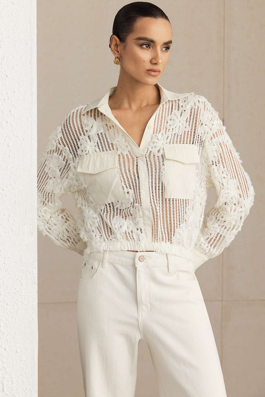 3D Flower Decor Button Cut Out Long-Sleeve Shirt - Weenar