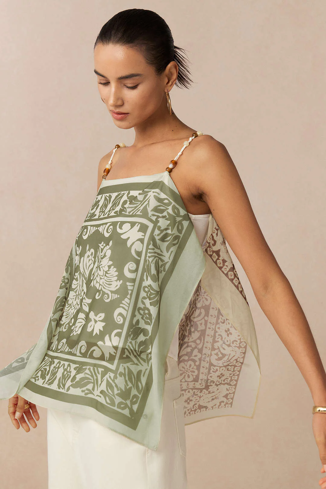Artistic Print Satin Patchwork Chiffon Beaded Cami Top - Weenar