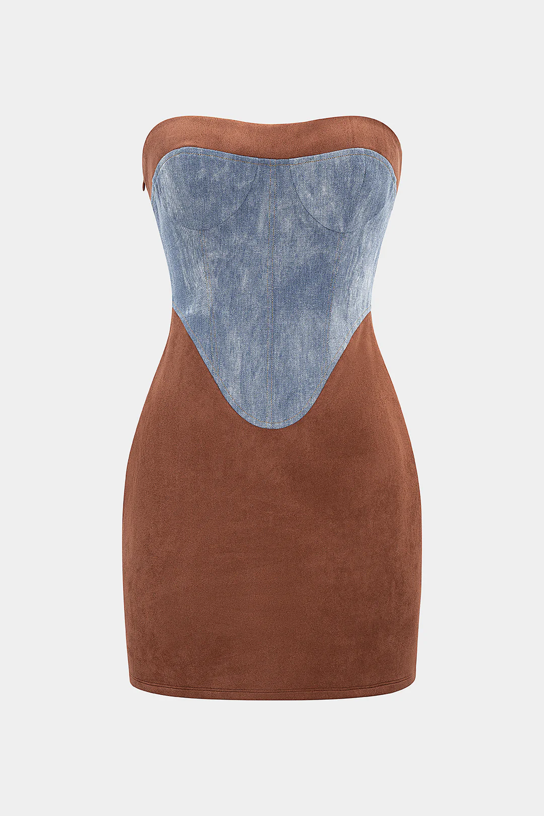 Suede Denim Patchwork Strapless Sleeveless Mini Dress - Weenar