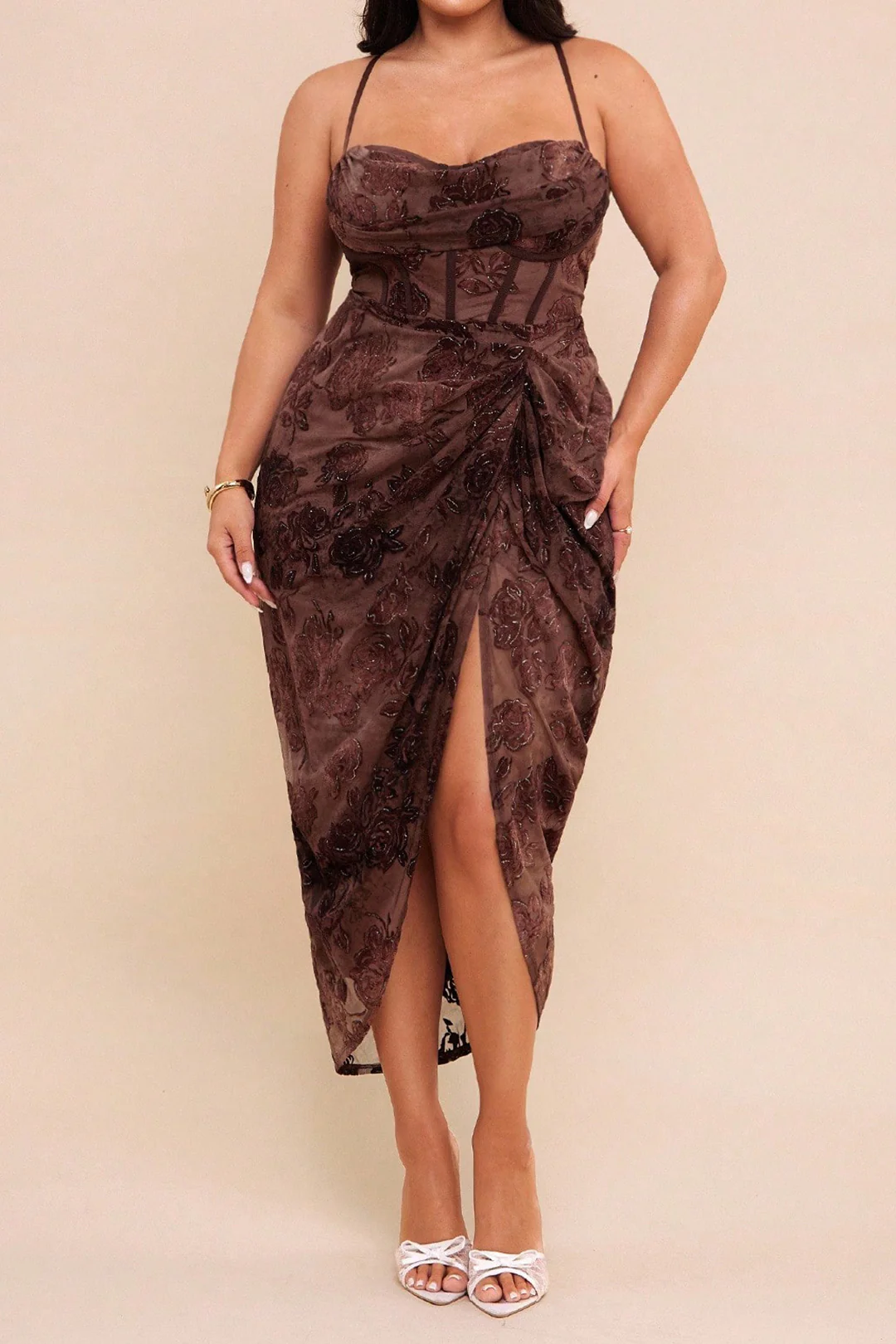 Plus Size Ruched Draped Cowl Neck Sleeveless Midi Dress - Weenar