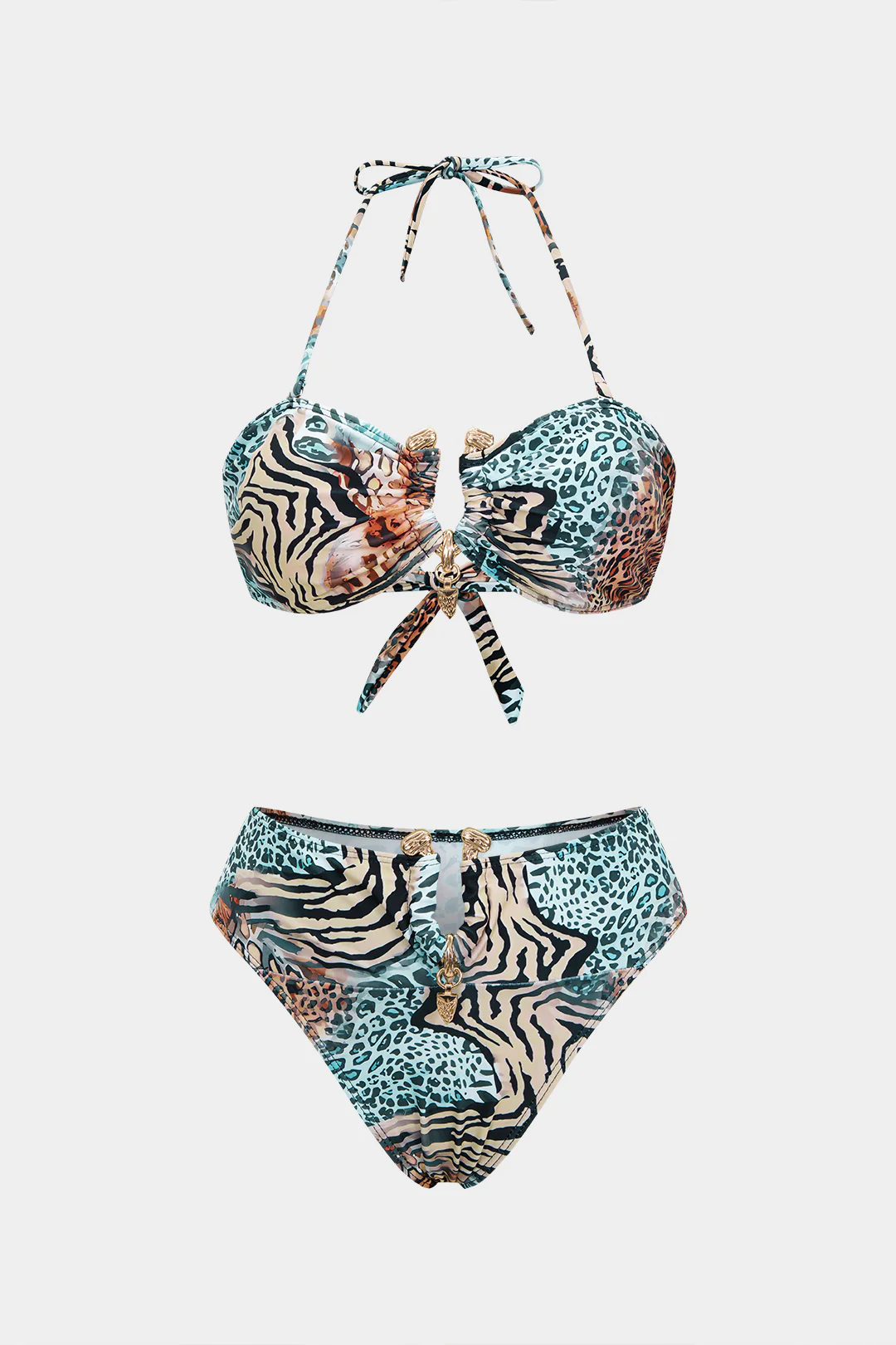 Leopard Print Metallic Decor Halter Tie Back Bikini Set - Weenar