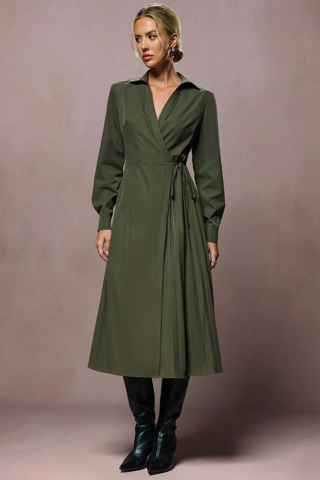 Tie-Up V-Neck Long Sleeve Midi Dress - Weenar