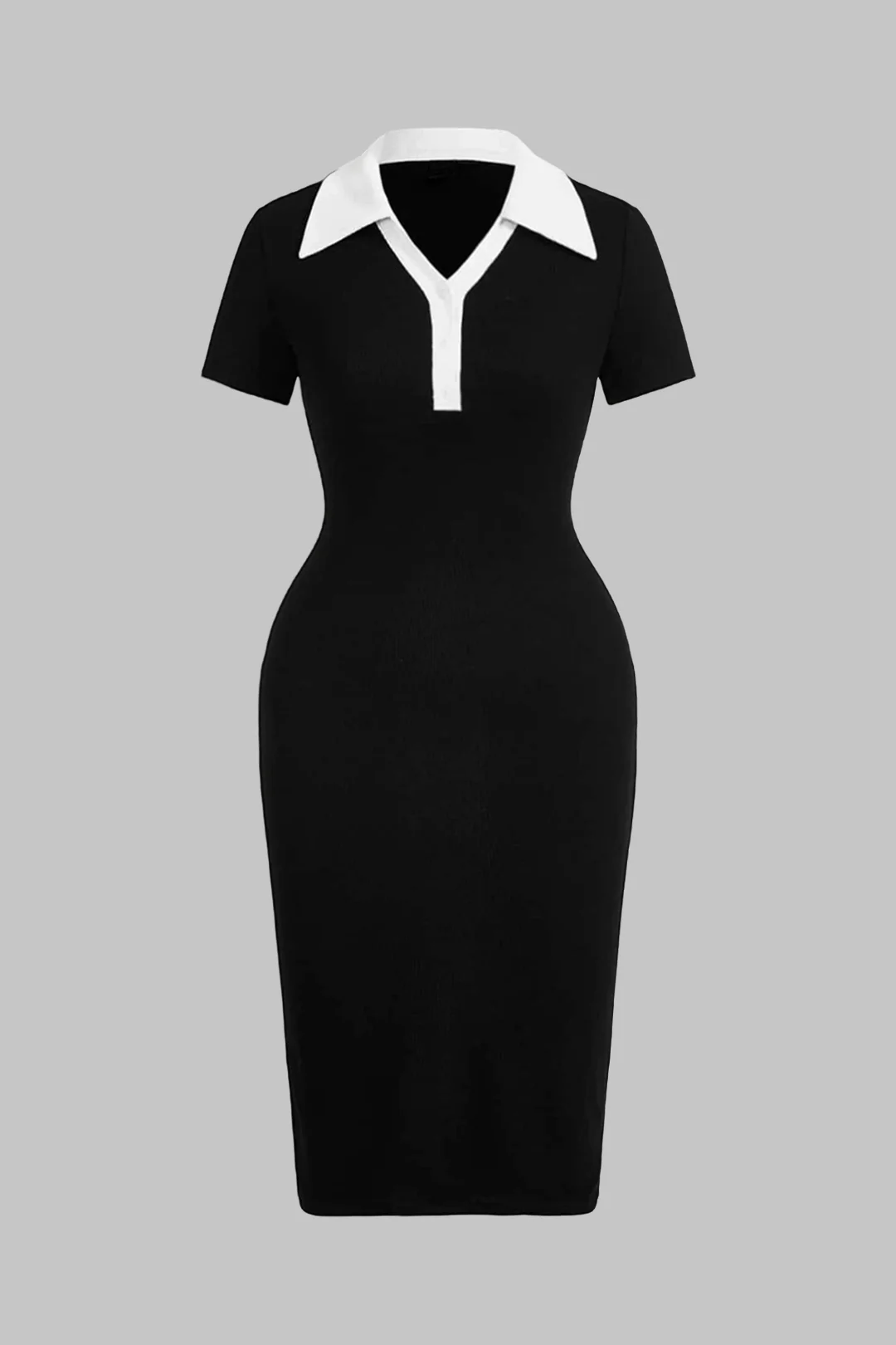 Plus Size Contrast Lapel V-Neck Short Sleeve Midi Dress - Weenar