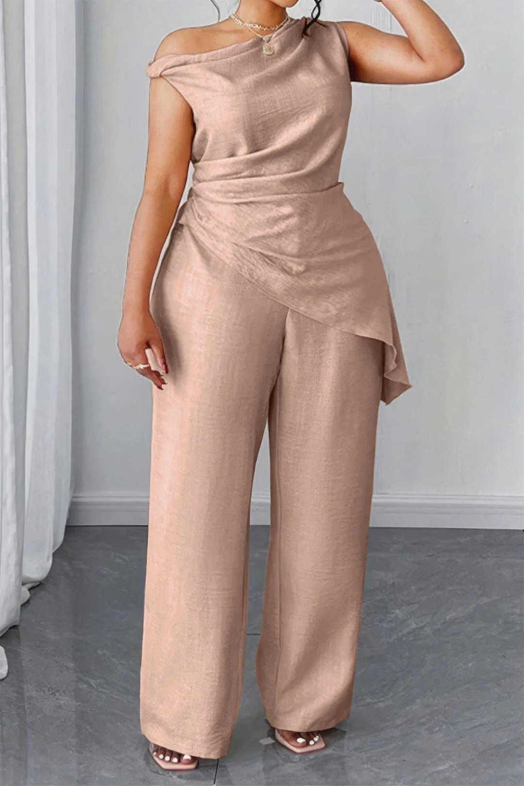 Plus Size Asymmetrical Ruched Trousers Set - Weenar