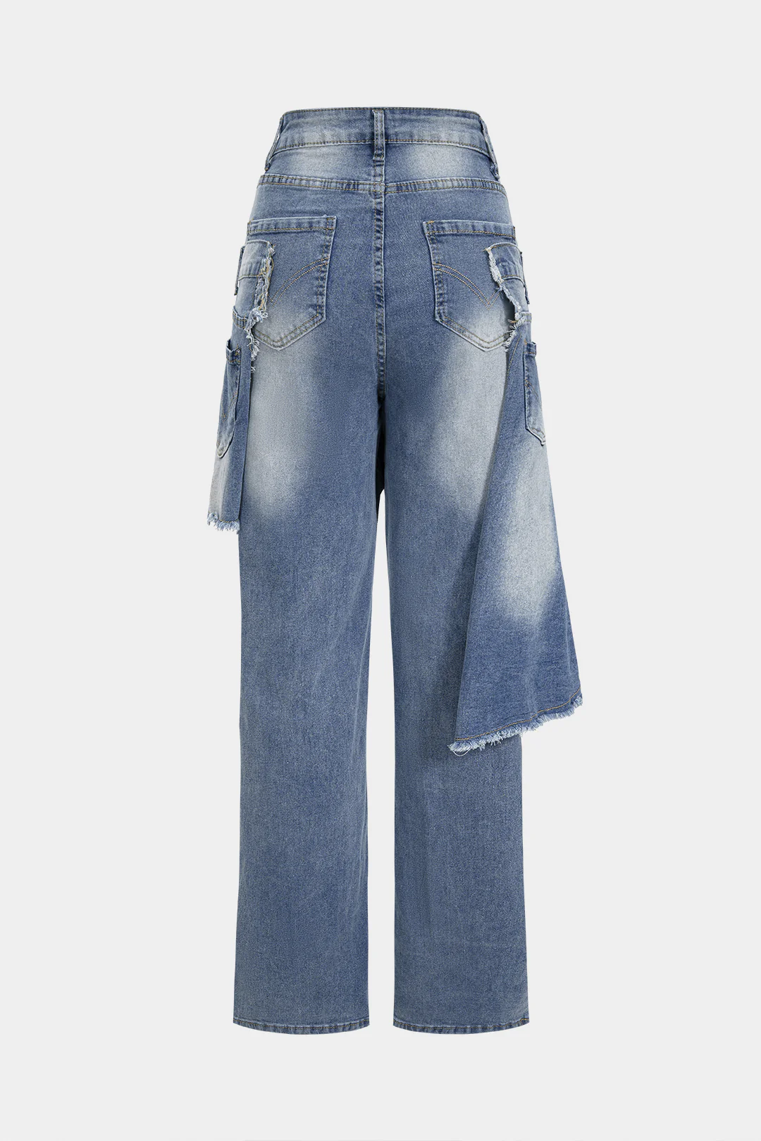 Denim Double Waistband Asymmetrical Ripped Straight Leg Jeans - Weenar