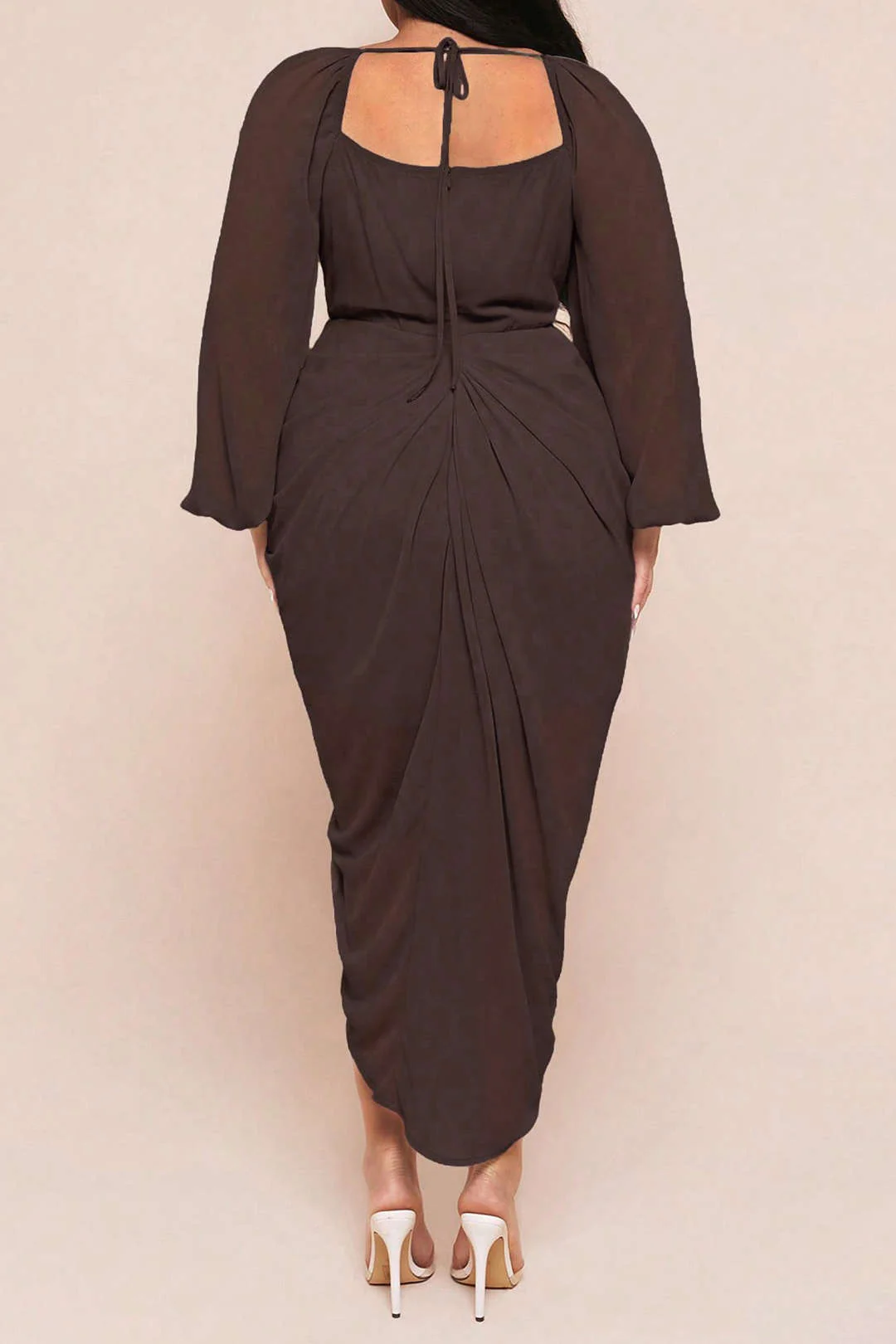 Plus Size Ruched Side Slit Long Sleeve Midi Dress - Weenar