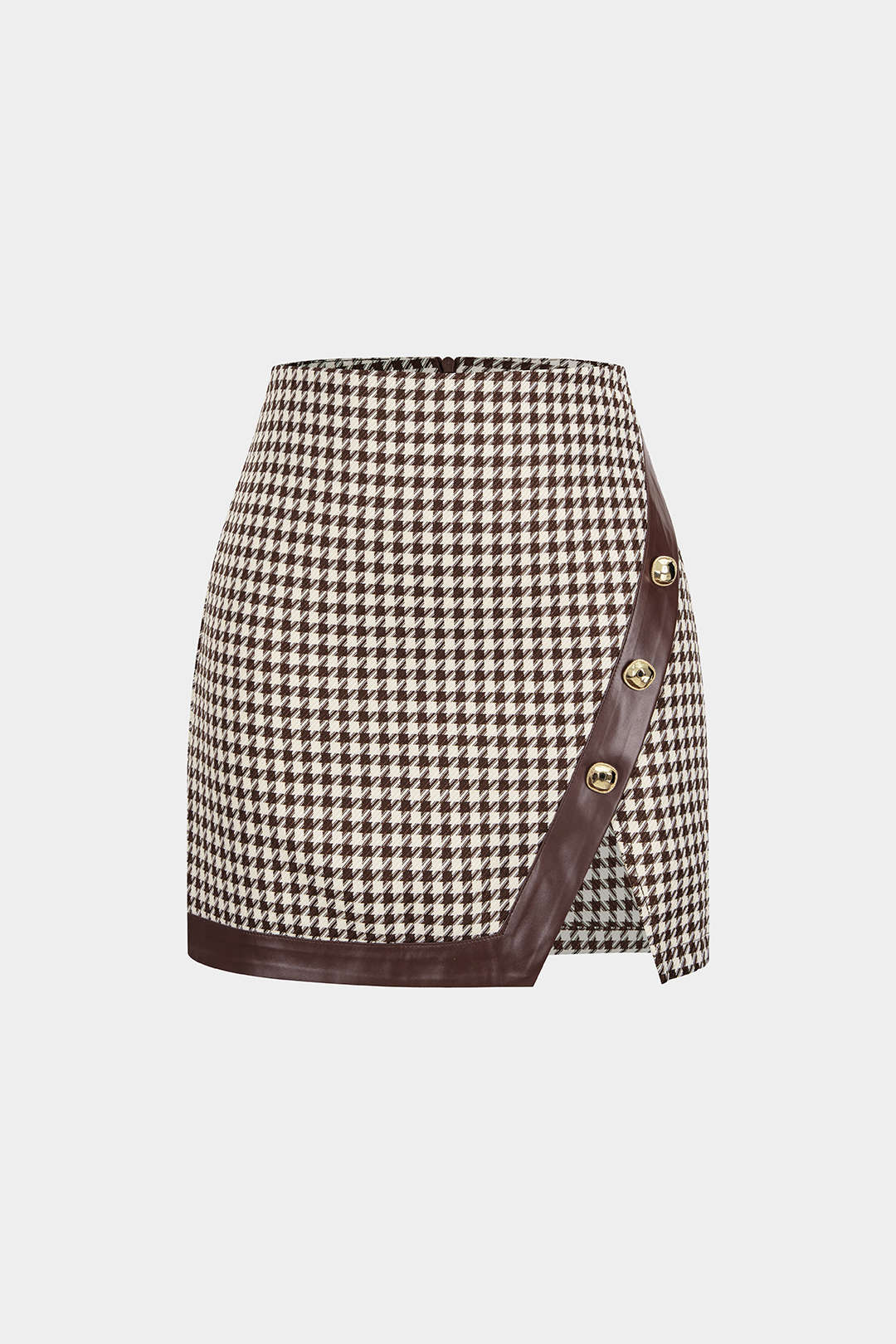 Houndstooth Print Faux Leather Patchwork Asymmetrical Side Split Skirt - Weenar