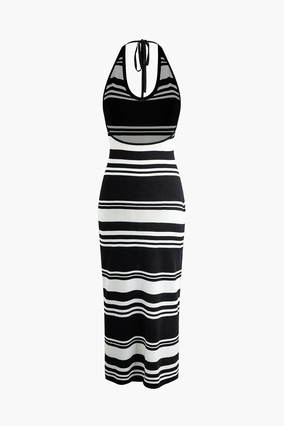 Knit Stripes Print Contrast Halter Neck Tie Up Backless Sleeveless Dress - Weenar