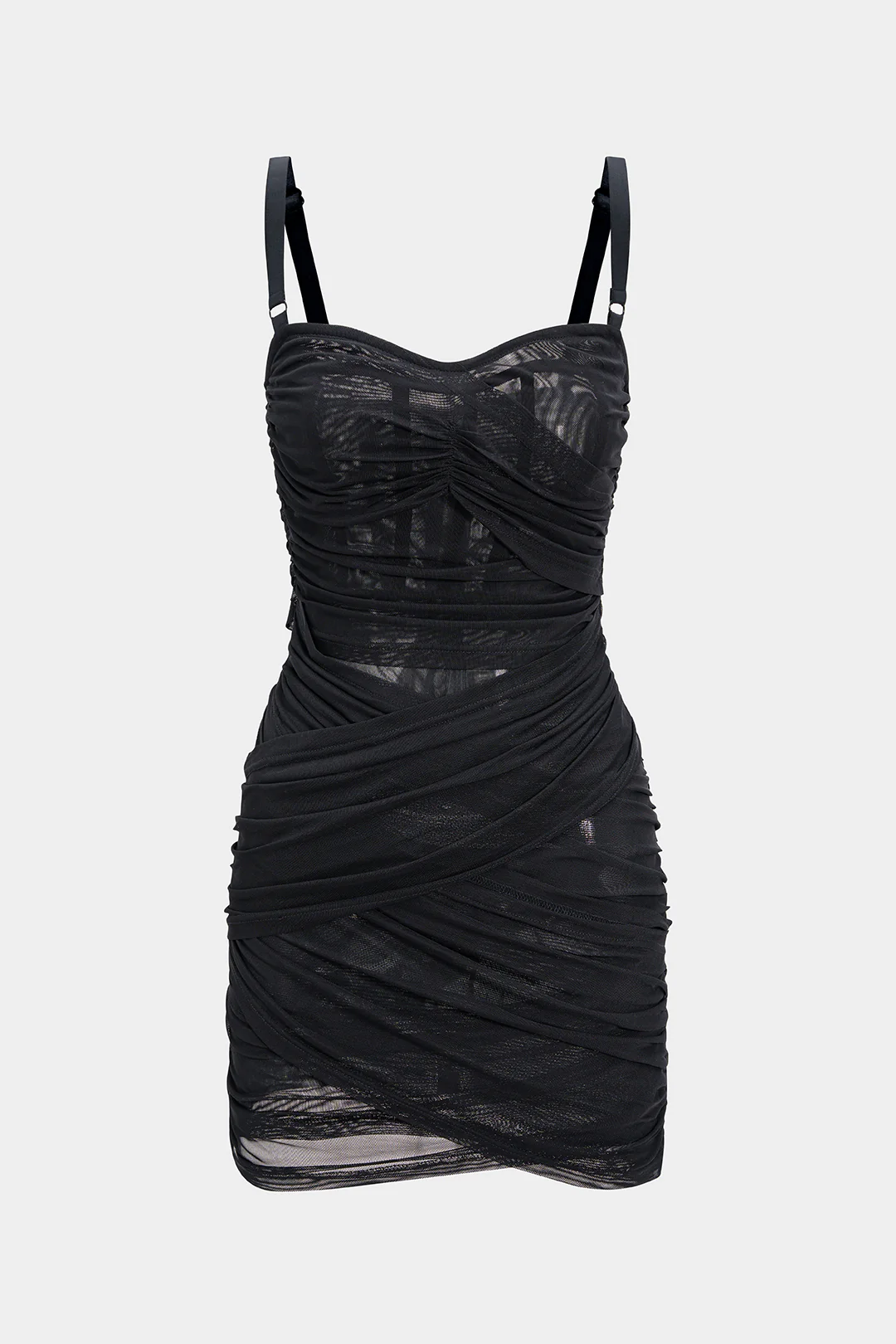Asymmetrical Ruched Mesh Sleeveless Mini Dress - Weenar