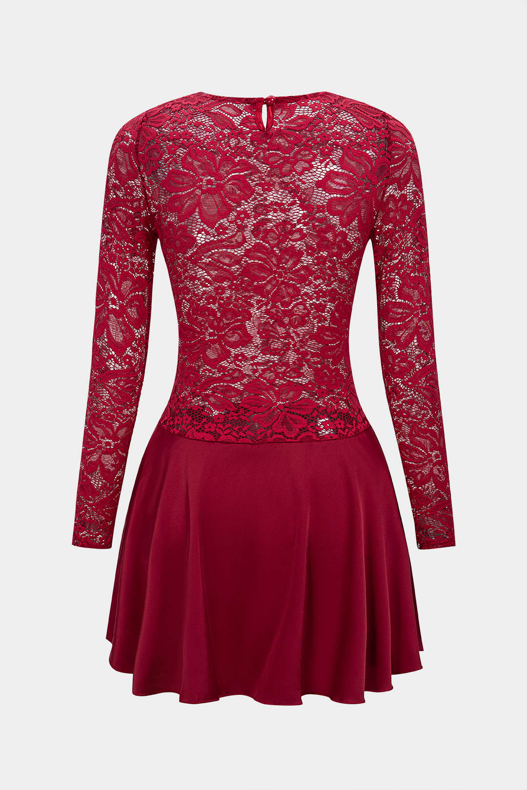 Lace Patchwork Satin Cut Out Long Sleeve Mini Dress - Weenar