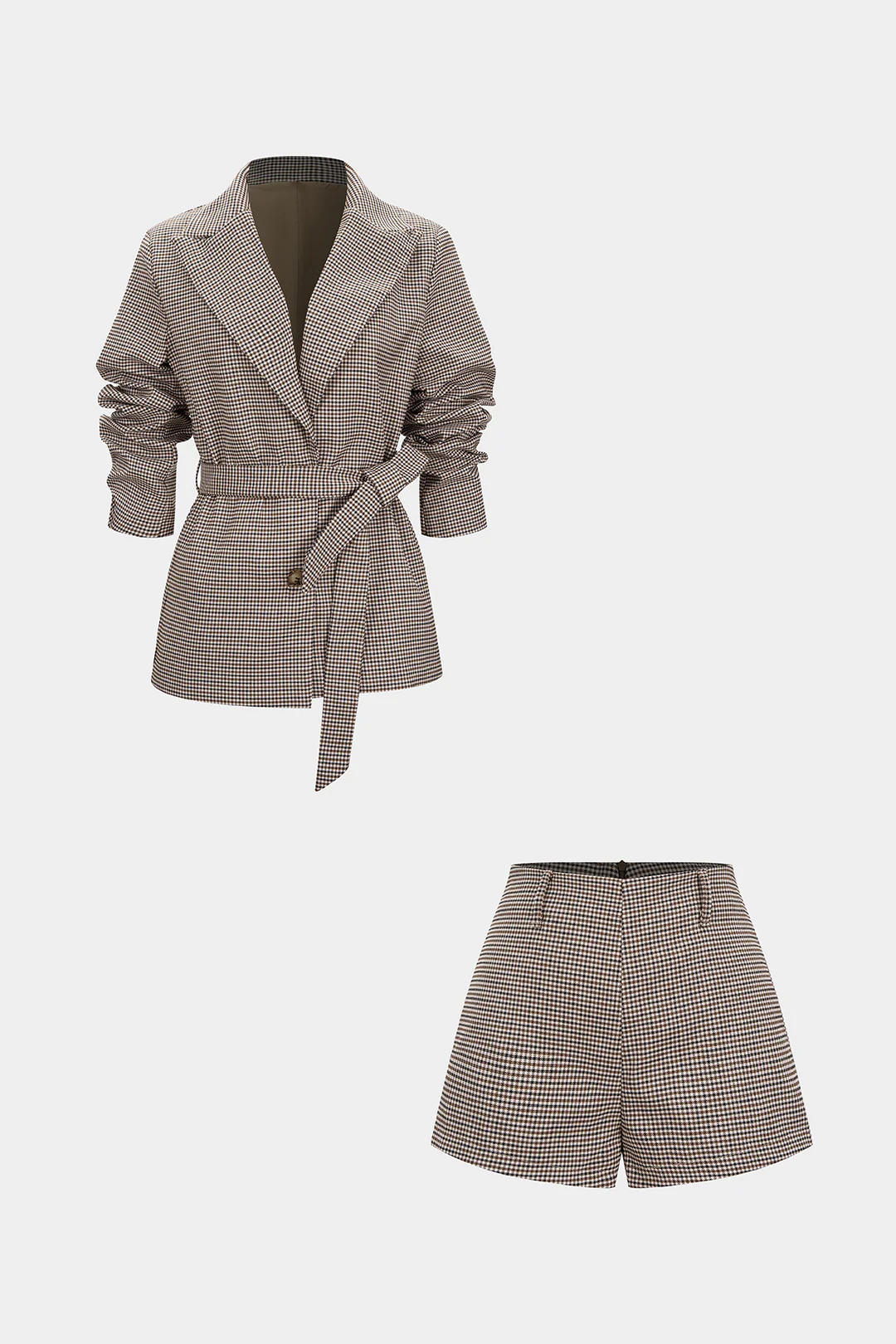 Plaid Print Notched Lapel Belted Jacket And Shorts Set - Weenar