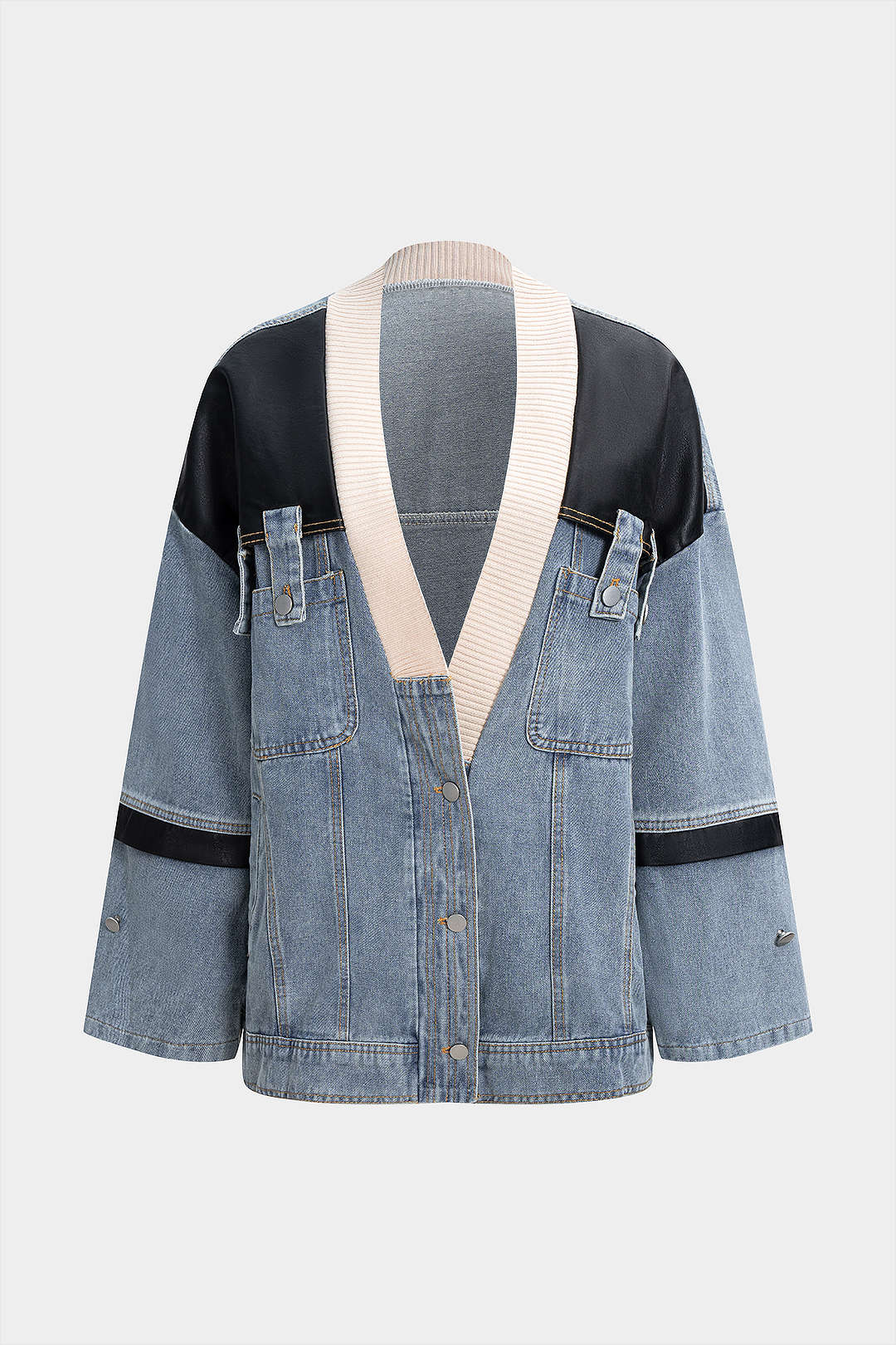Denim Faux Leather Patchwork Outerwear - Weenar