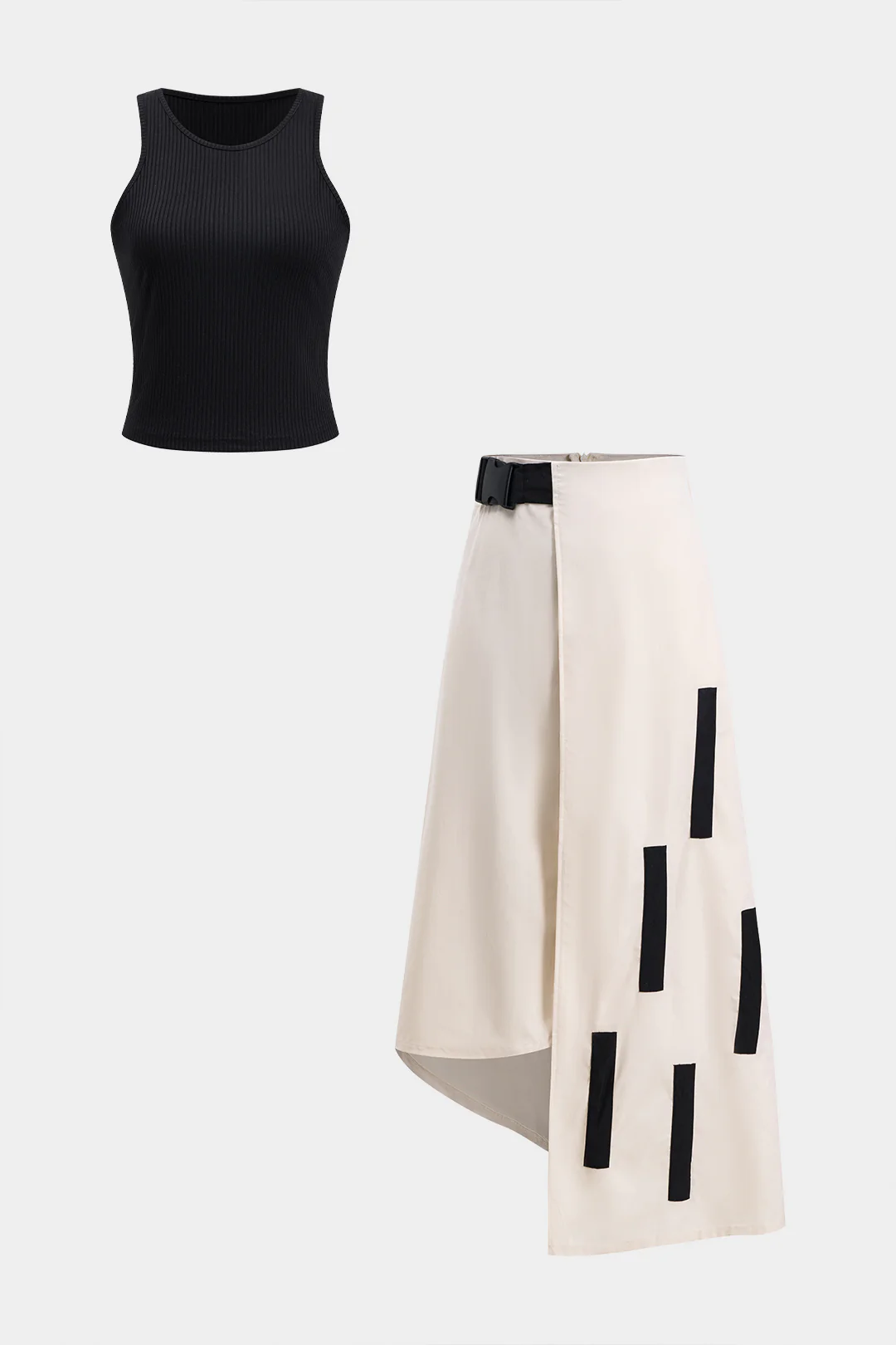 Ribbed Tank Top And Contrast Asymmetrical Zipper Skirt Set - Weenar