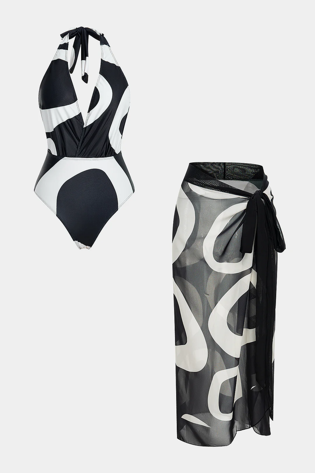 Abstract Print Mesh Tie-Up Backless Bikini Set - Weenar