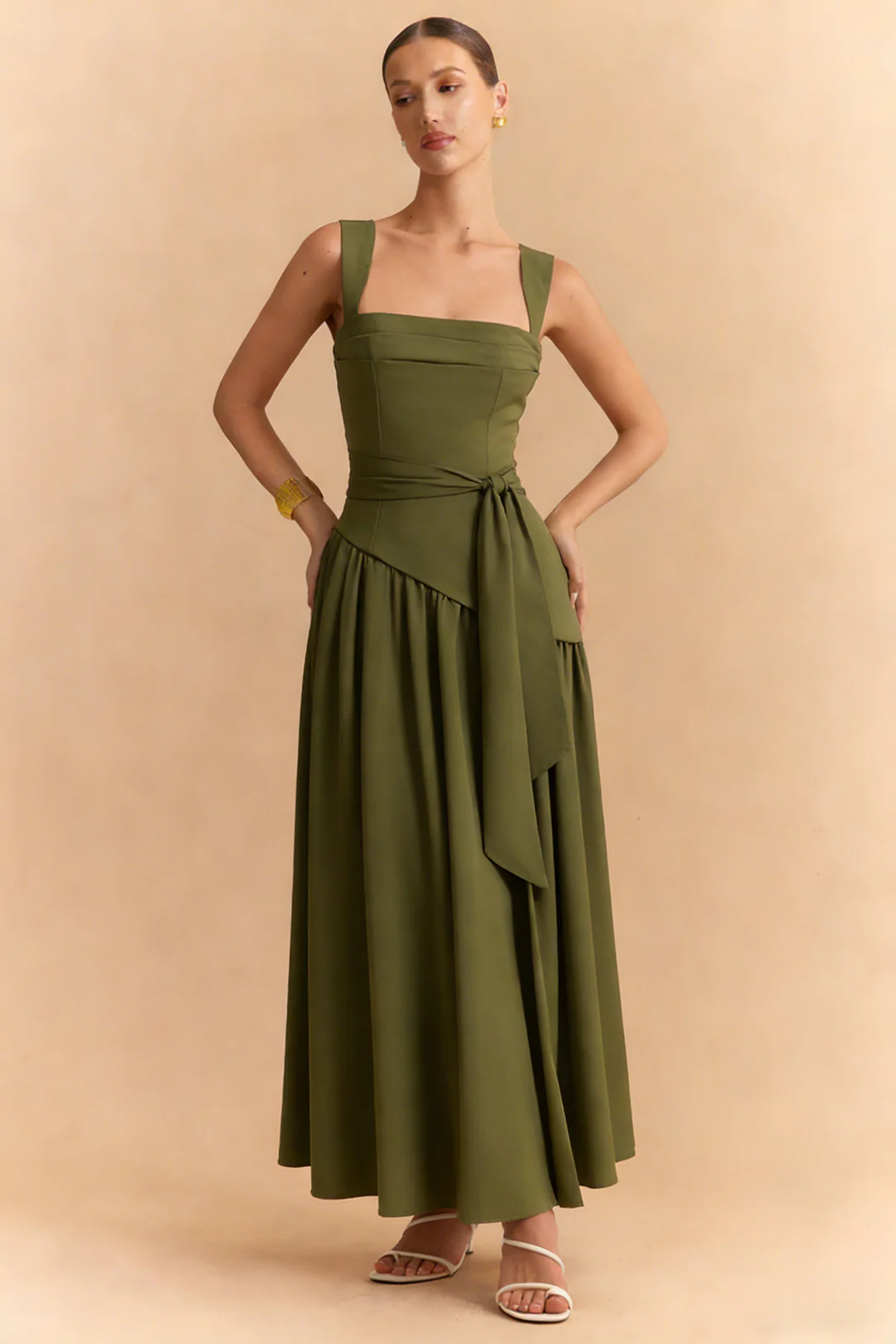 Asymmetrical Ruched Sleeveless Midi Dress With Scarf - Weenar