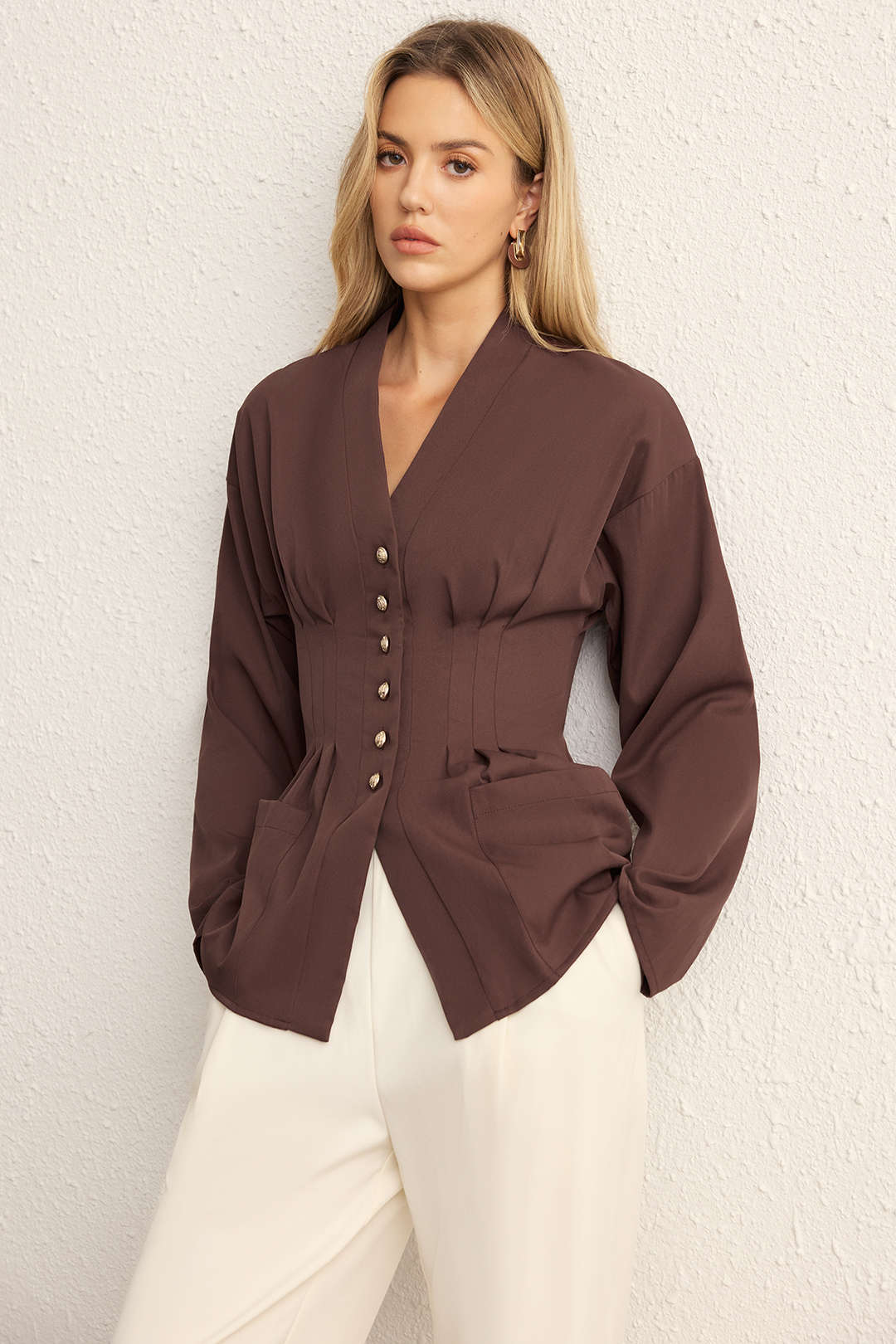 Metallic Button V-Neck Pocket Long-Sleeve Shirt - Weenar
